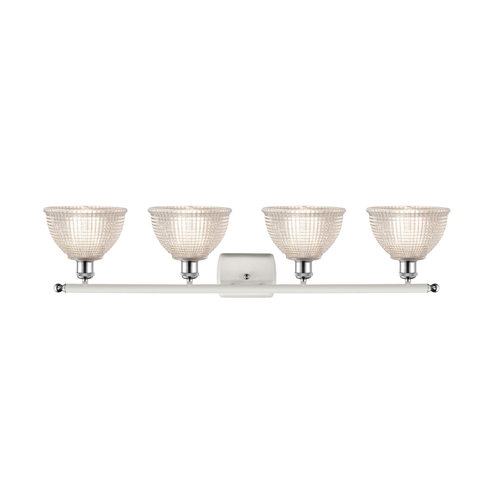 Shown in White And Polished Chrome finish and Clear Arietta glass and Polished Chrome accent