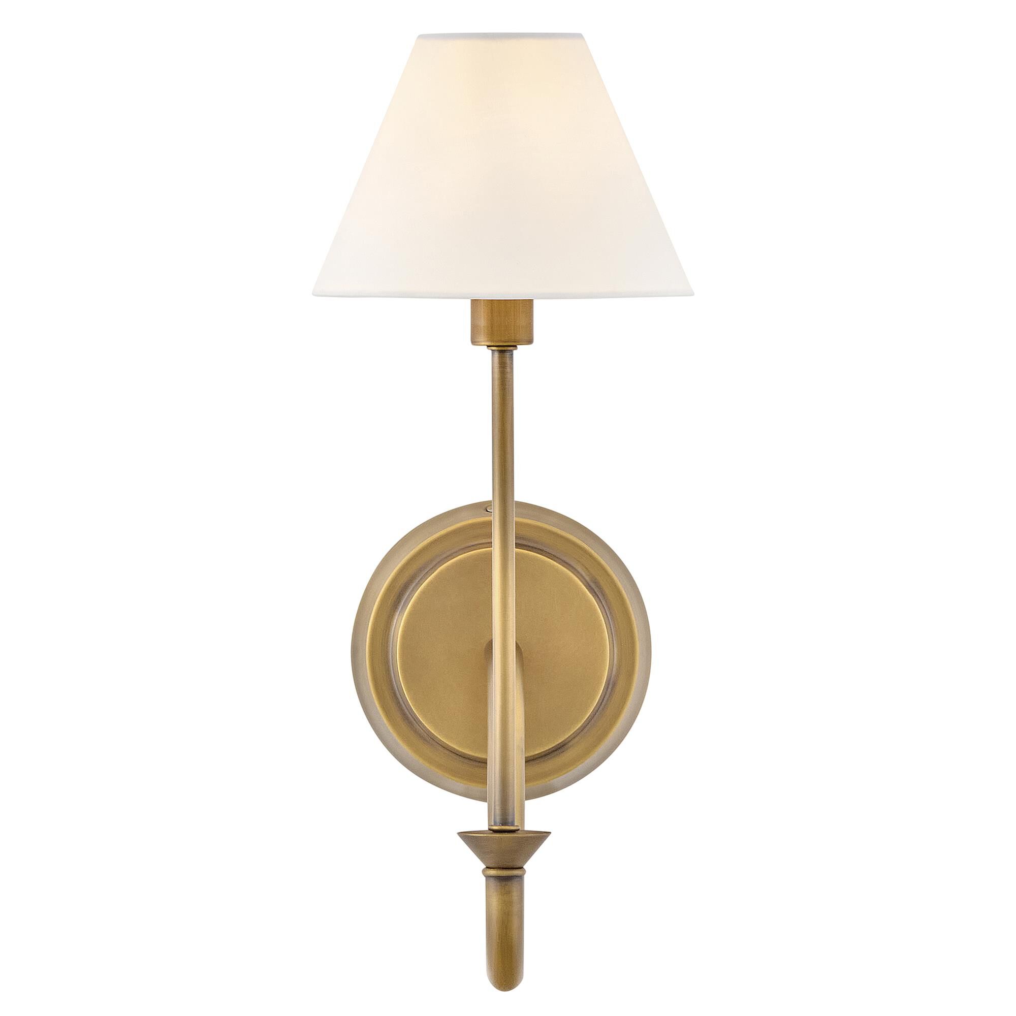 Shown in Heritage Brass finish and Off-White Linen shade