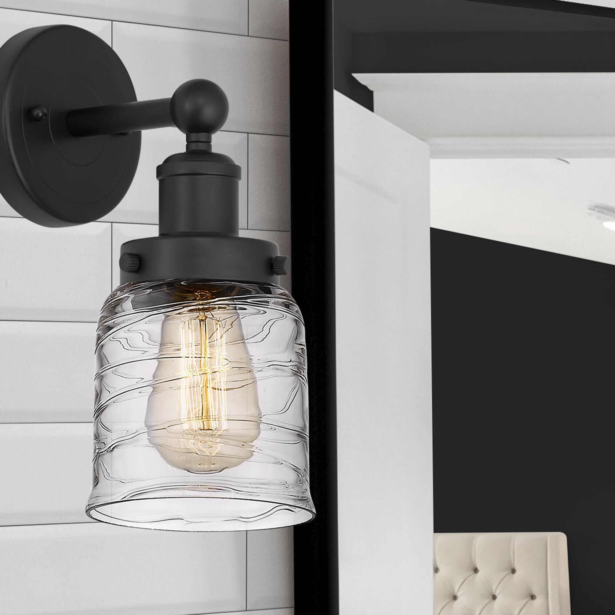 Shown in Matte Black  finish and Deco Swirl shade