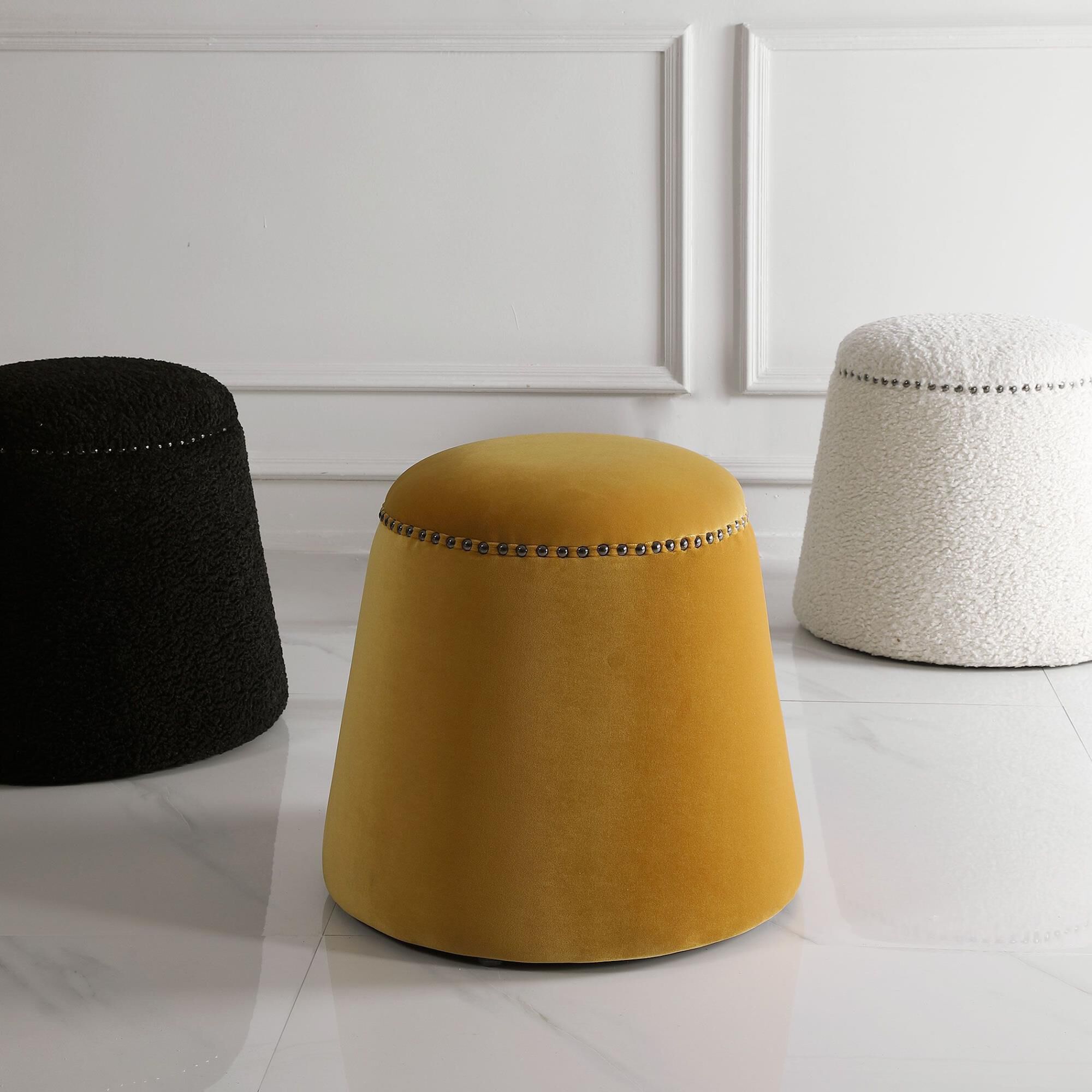 Shown in This Plush Ottoman Is Covered In A Luxurious Mustard Yellow Velvet With Black Nickel Nail Head Detai finish