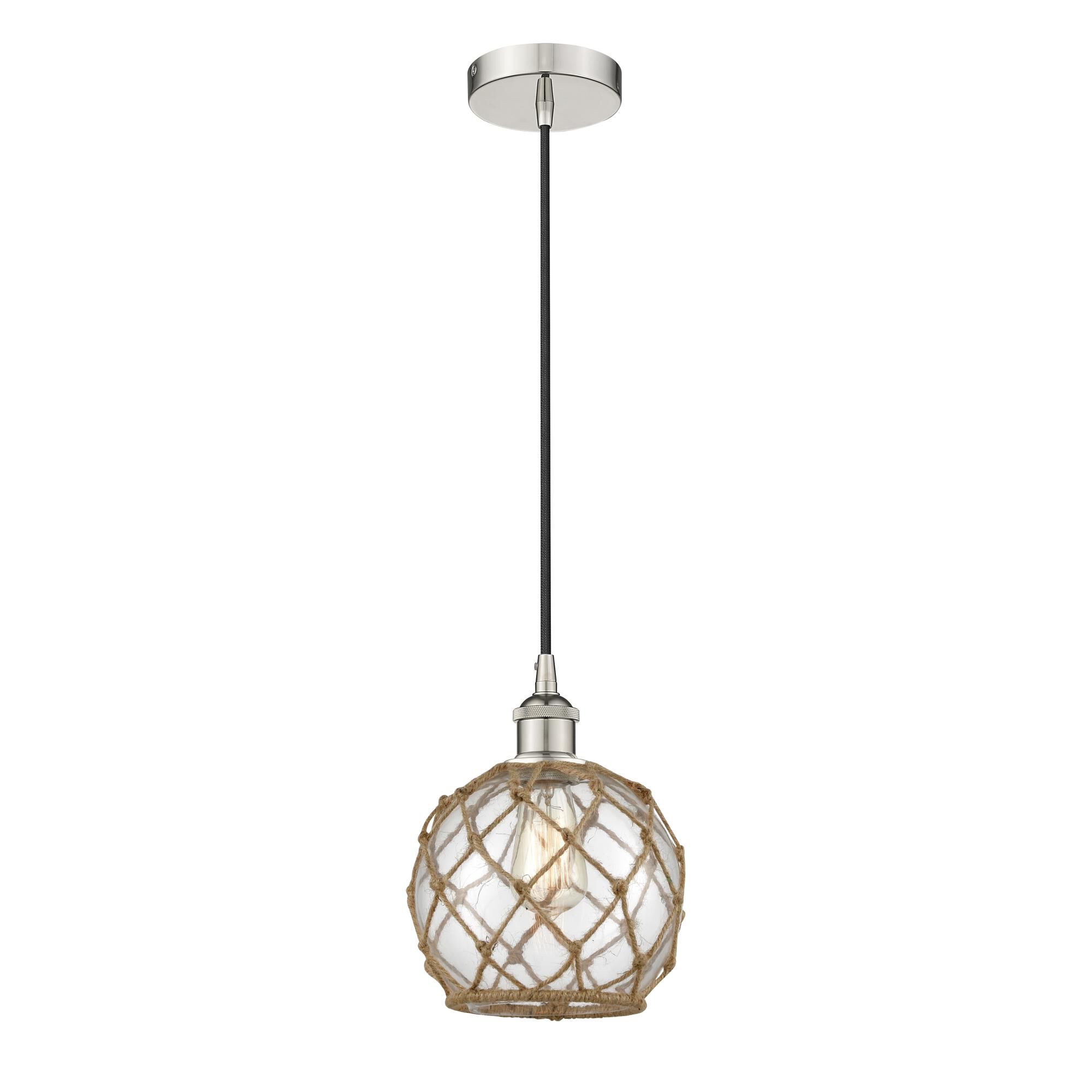 Shown in Polished Nickel finish and Clear Farmhouse With Brown Rope glass