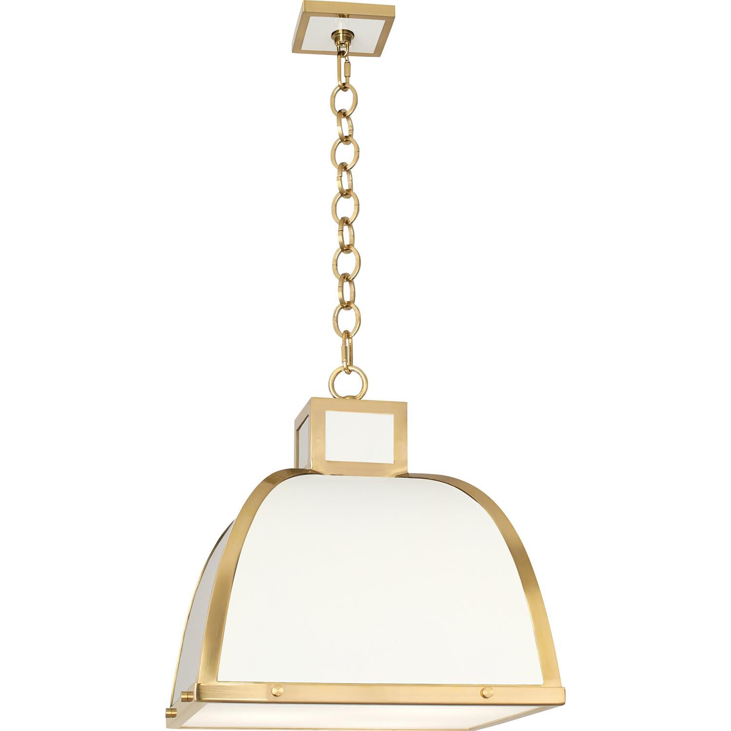Shown in Glossy White Painted  With Modern Brass Accents finish and Square Printed White Glass Diffuser shade