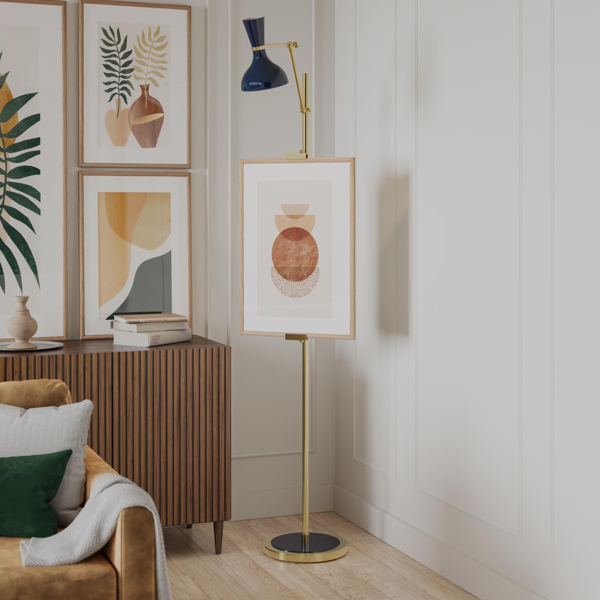 Shown in Modern Brass finish and Midnight Blue shade