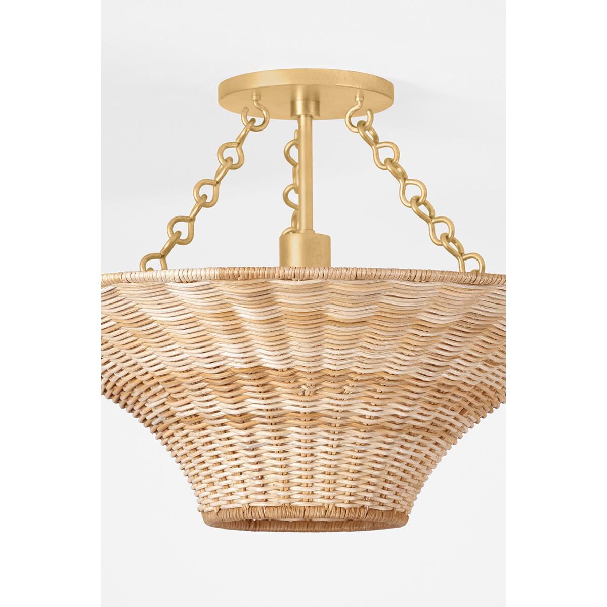 Shown in Vintage Gold Leaf finish and Vintage Natural Wicker shade