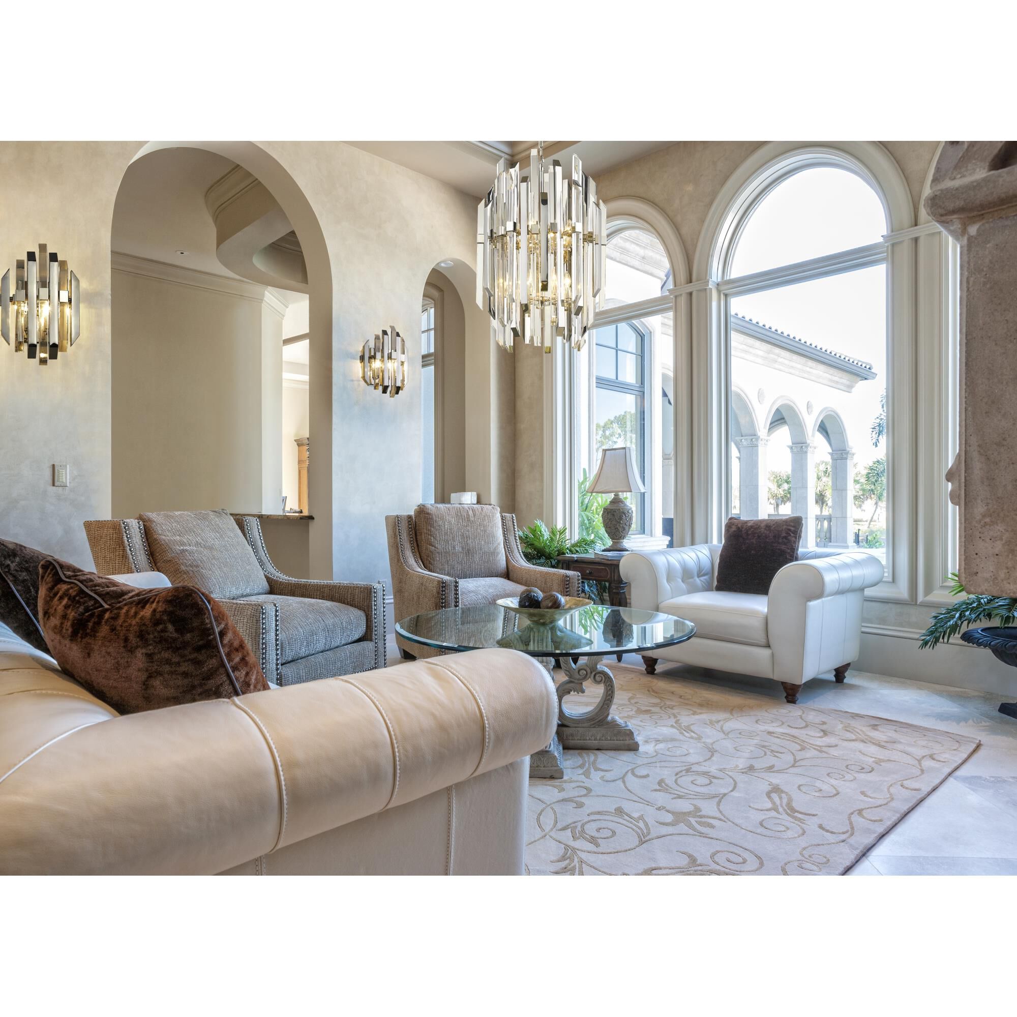 Shown in Polished Nickel finish and Crystal glass and Crystal shade