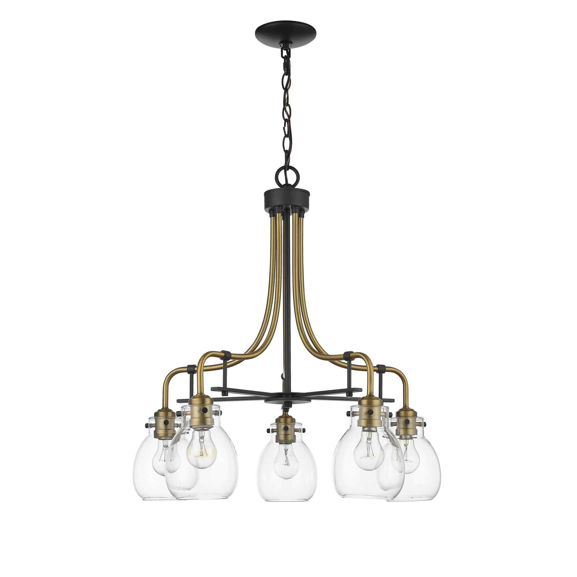 Shown in Matte Black + Olde Brass finish and Glass shade