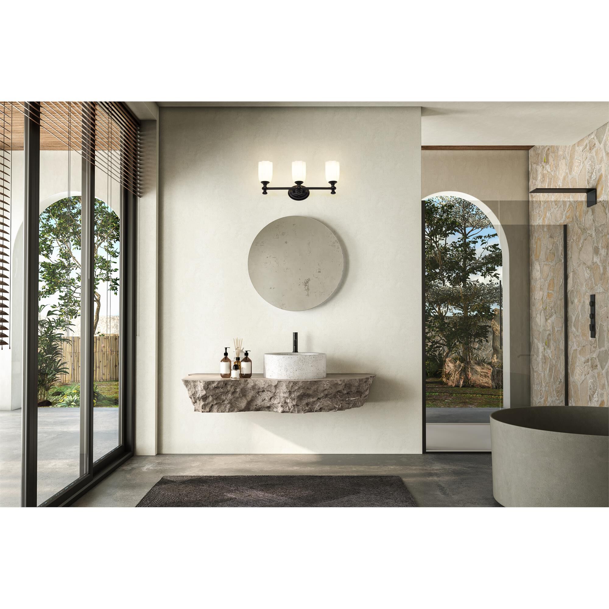 Shown in Matte Black finish and Opal Etched glass and Opal Etched shade