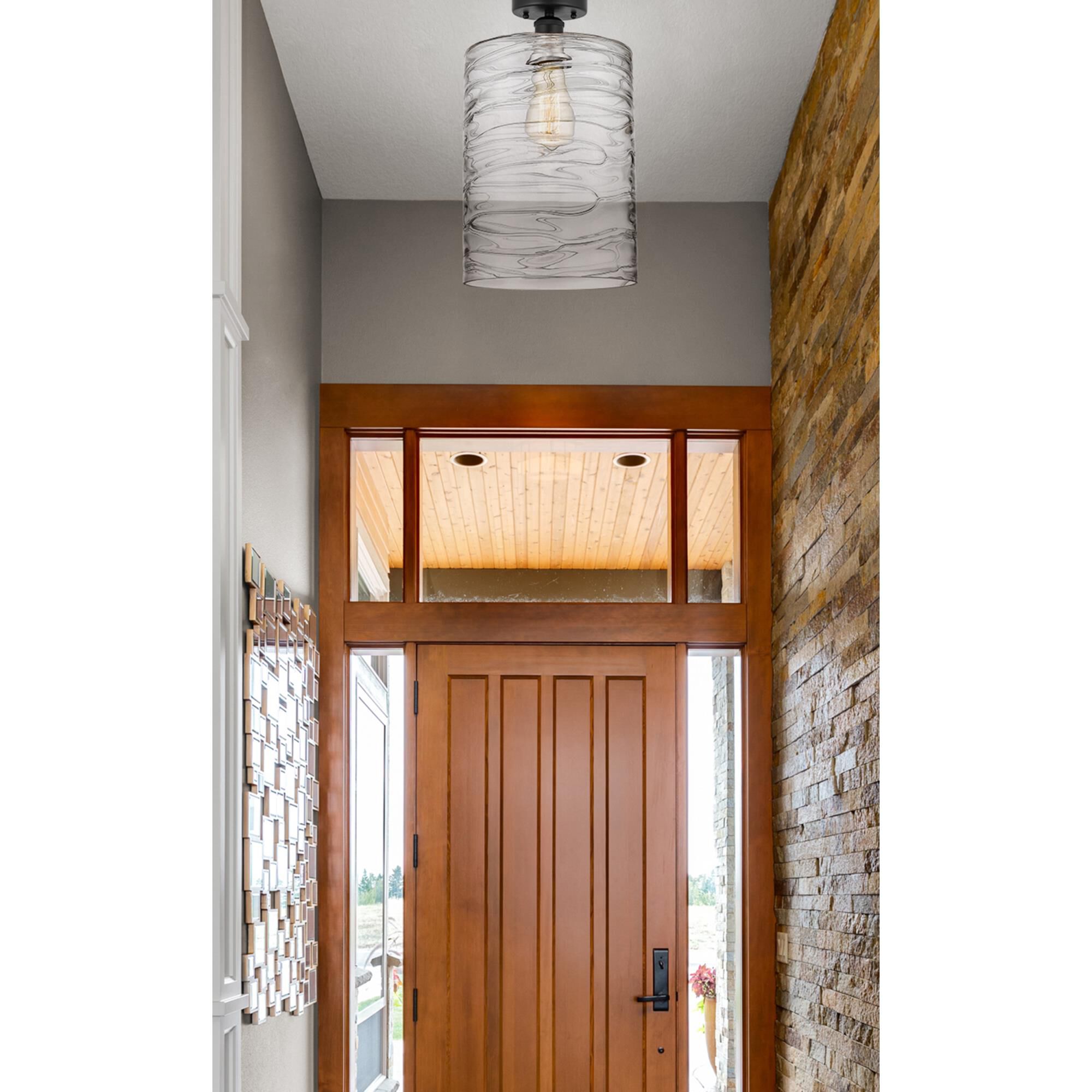 Shown in Matte Black finish and Deco Swirl glass