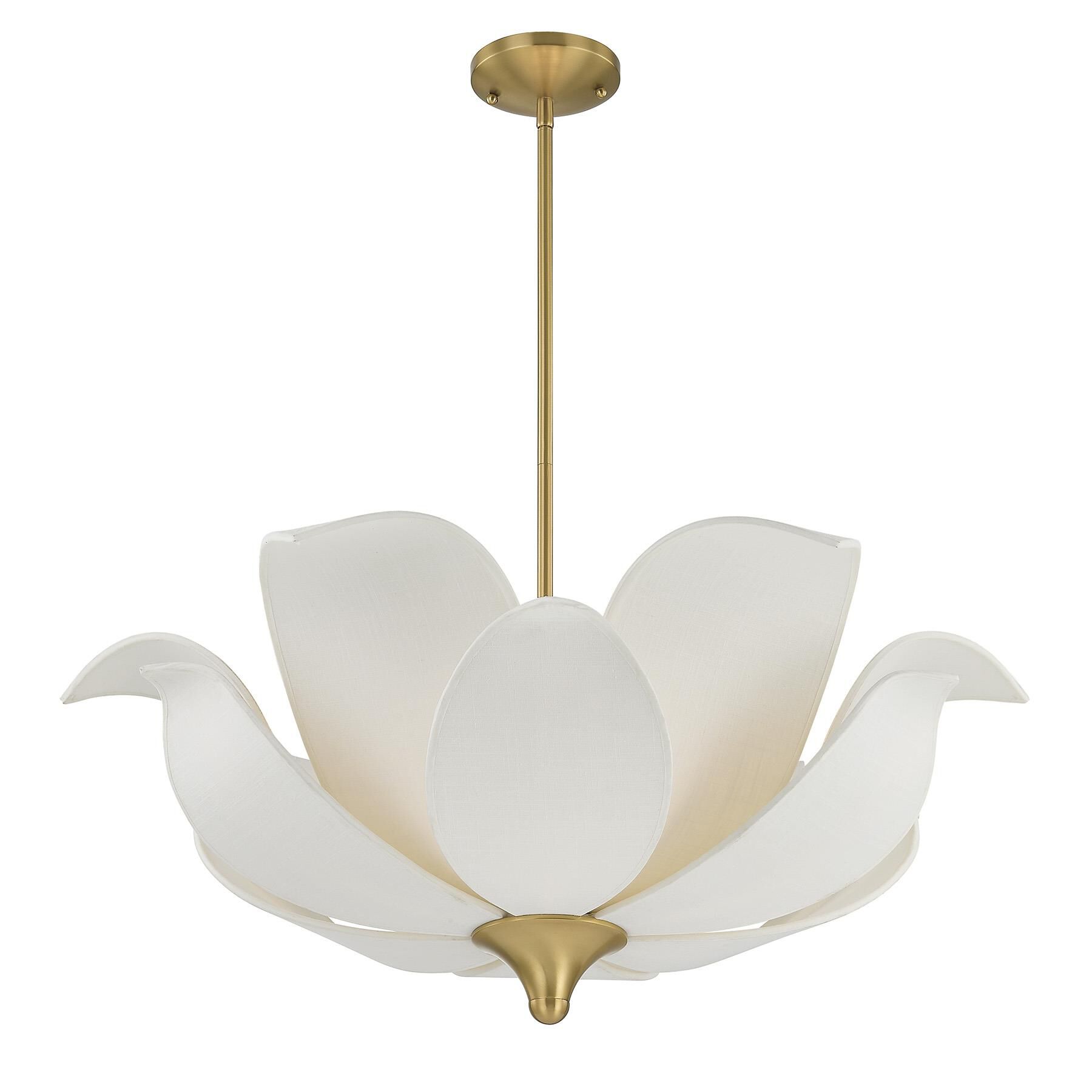 Shown in Warm Brass finish and White Opal Linen shade