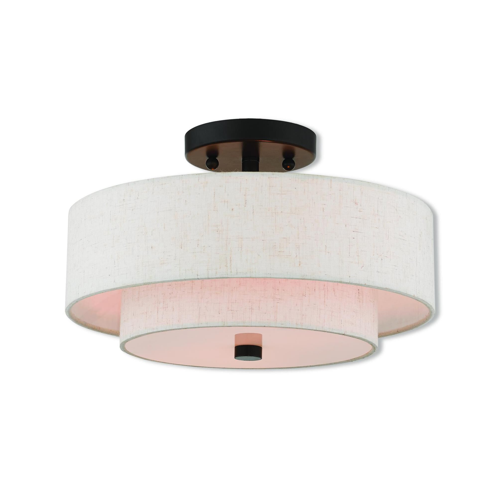 Shown in English Bronze finish and Hand Crafted Oatmeal Color Fabric Outside & White Fabric Inside Hardback shade