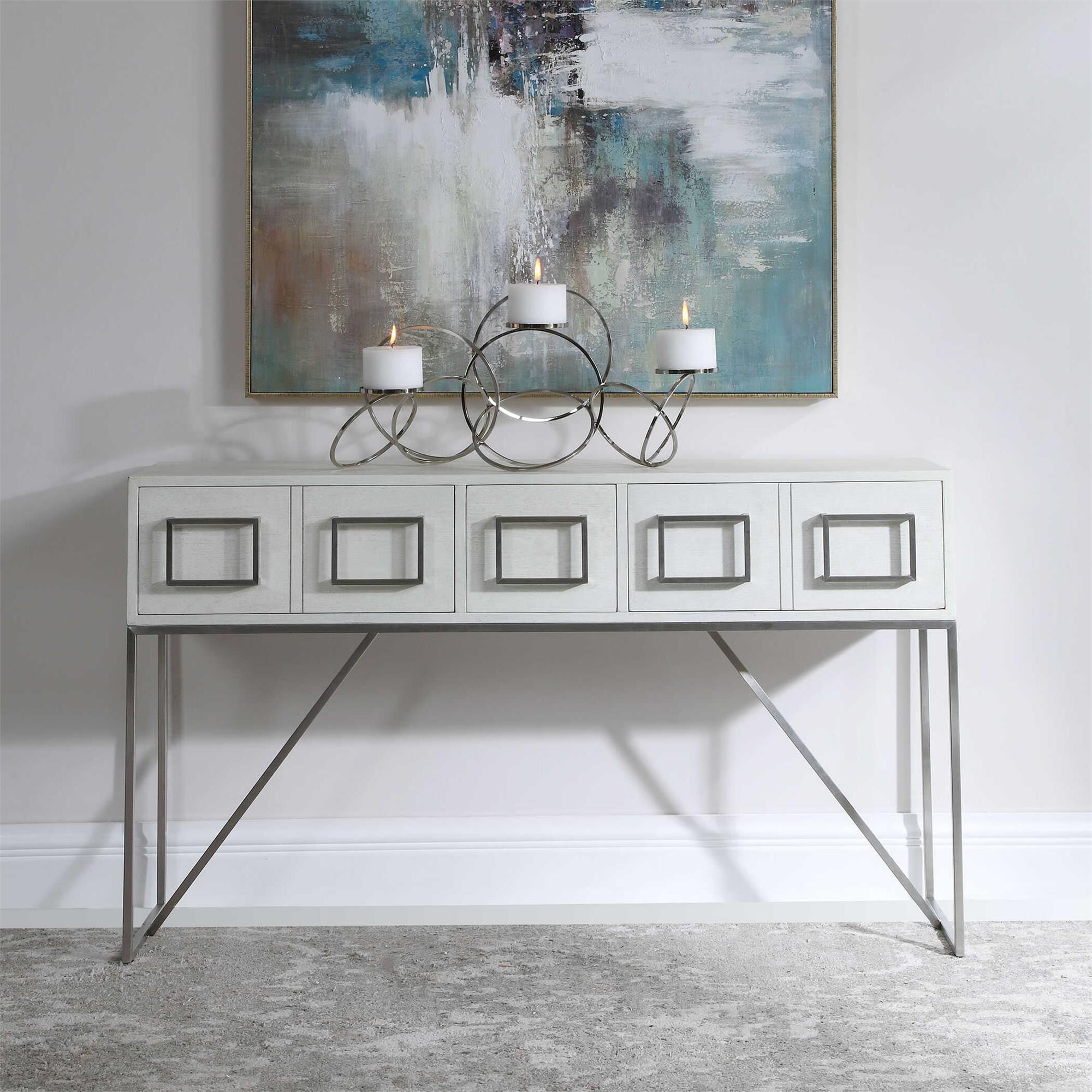 Shown in Clean Contemporary Styling, Featuring Oak Veneer Finished In A Soft White With Light Gray Distressin finish