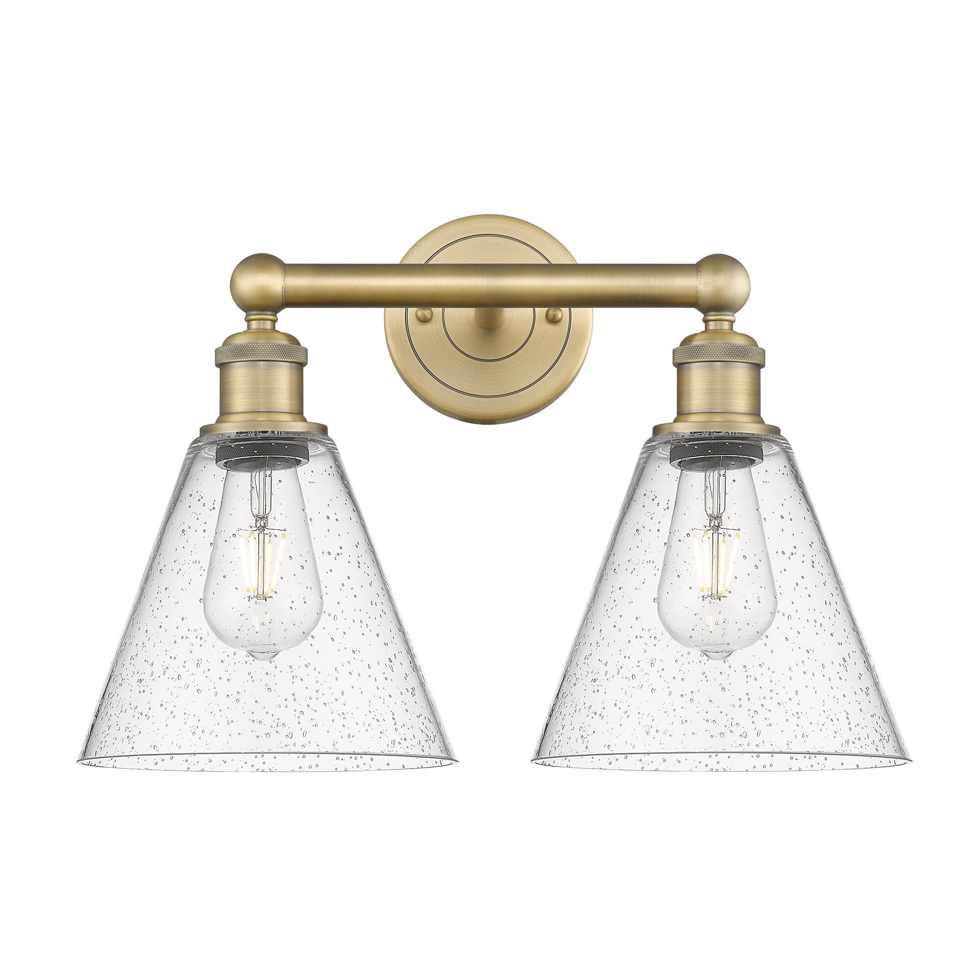 Shown in Brushed Brass finish and Seedy glass