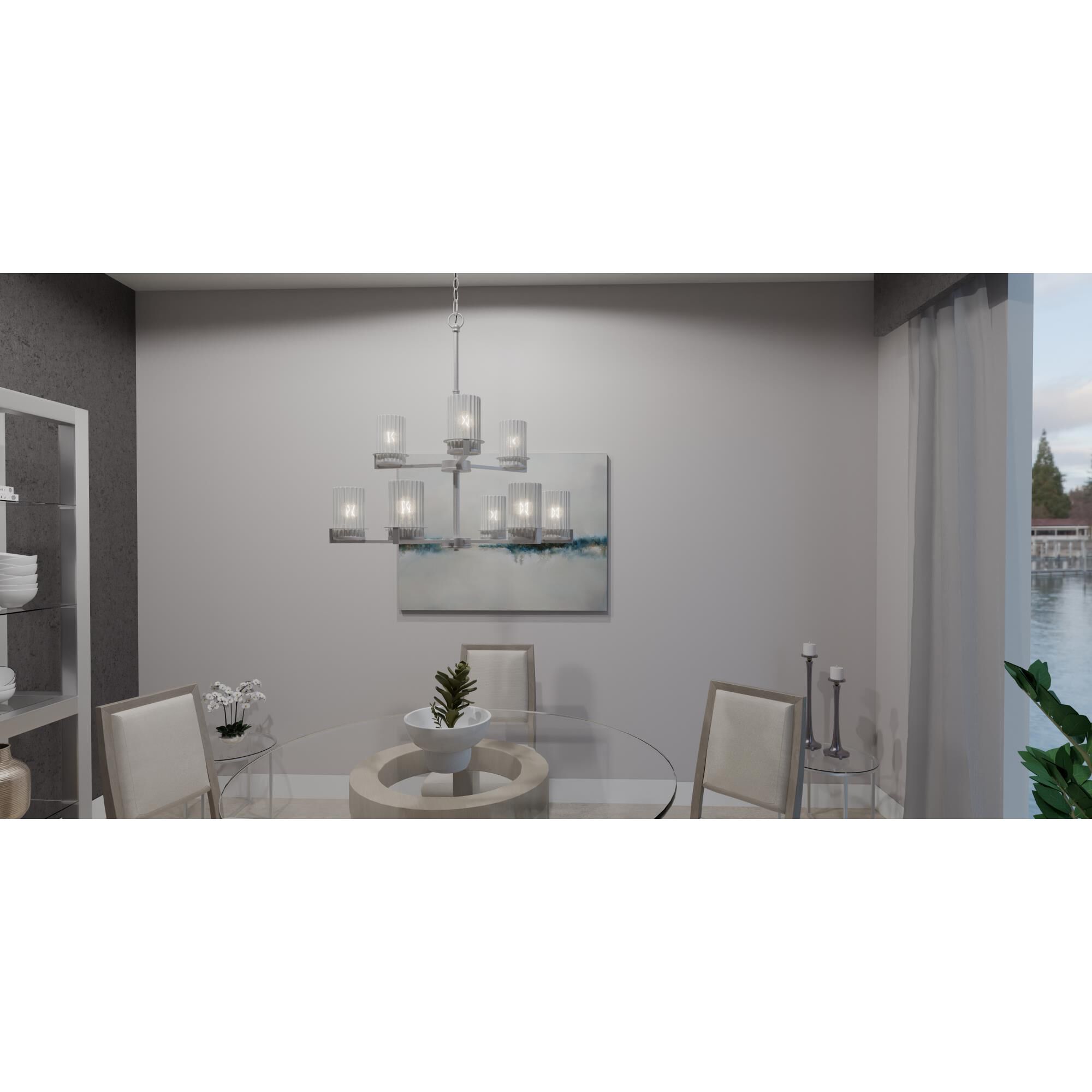 Shown in Brushed Nickel finish and Opal Etched Ribbed glass