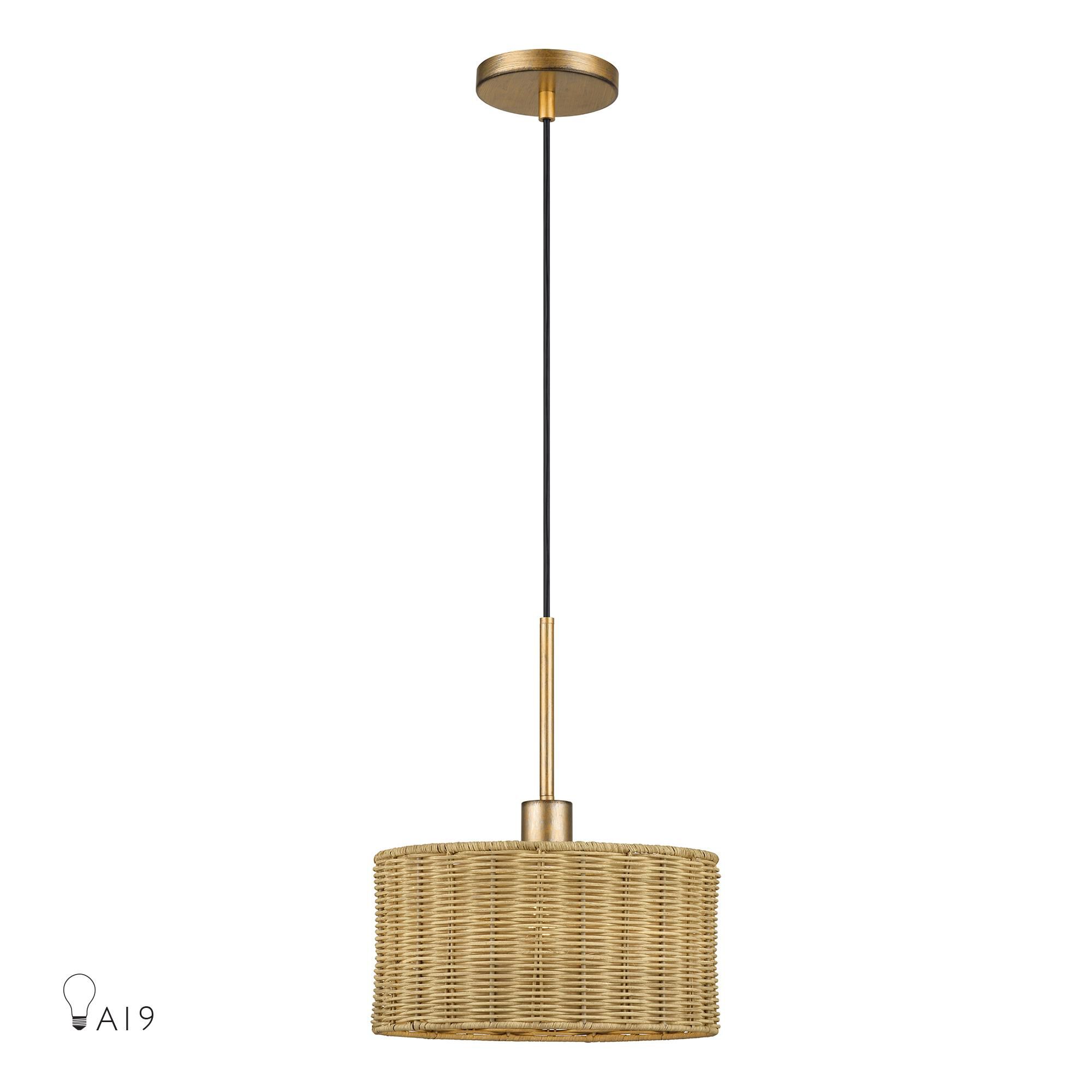 Shown in Antique Gold Leaf finish and Hand-Woven Rustic Walnut Color Rattan shade