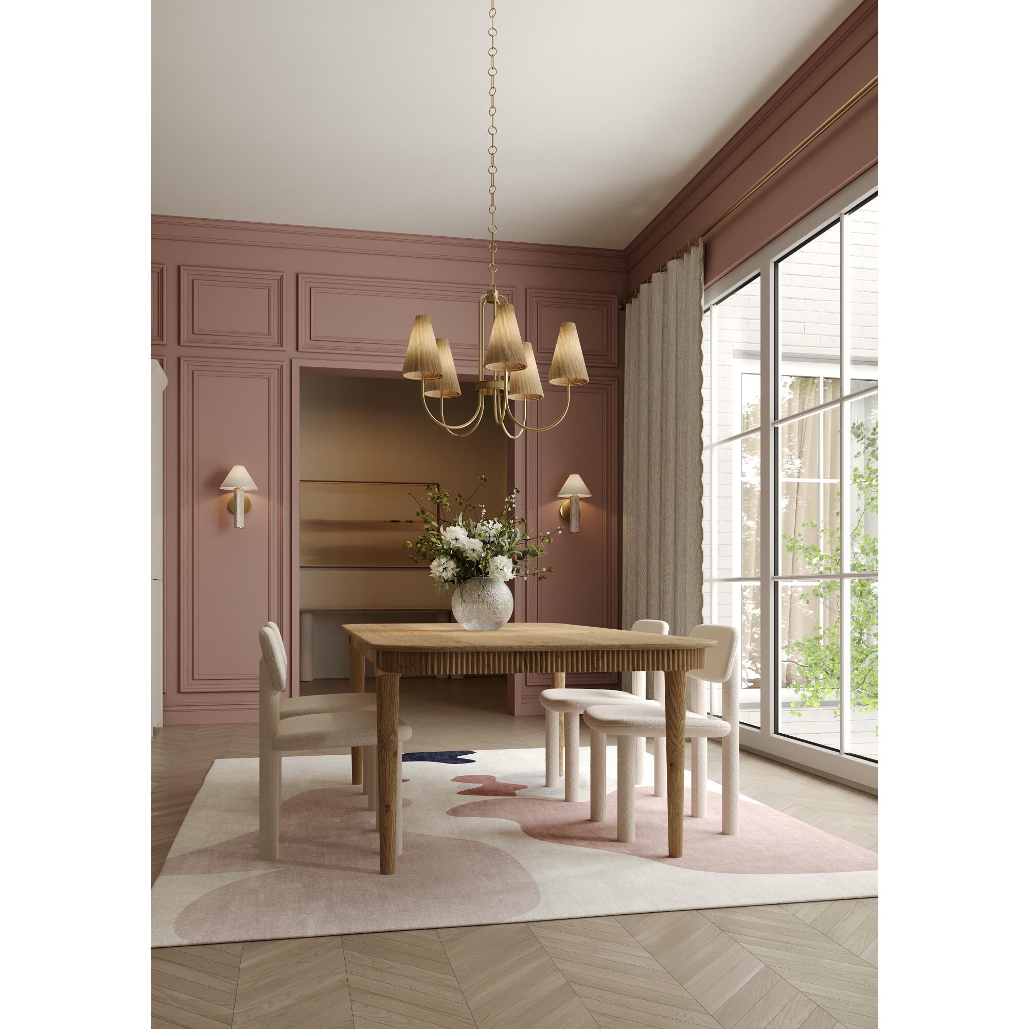 Shown in Aged Brass finish and White Linen shade