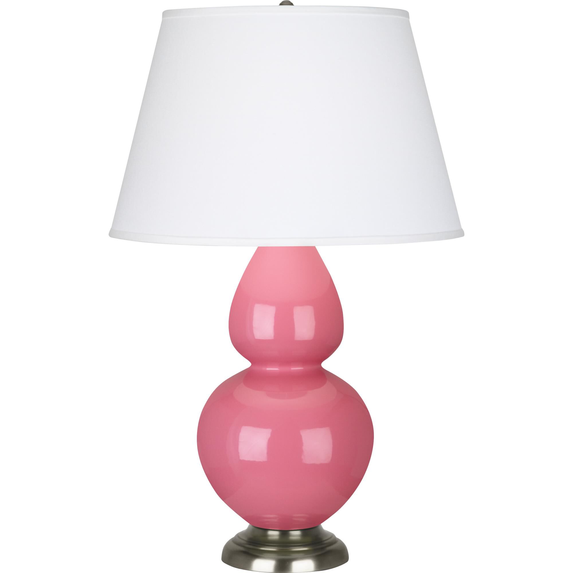 Shown in Schiaparelli Pink Glazed Ceramic With Antique Silver ed Accents finish and Pearl Dupioni Fabric shade