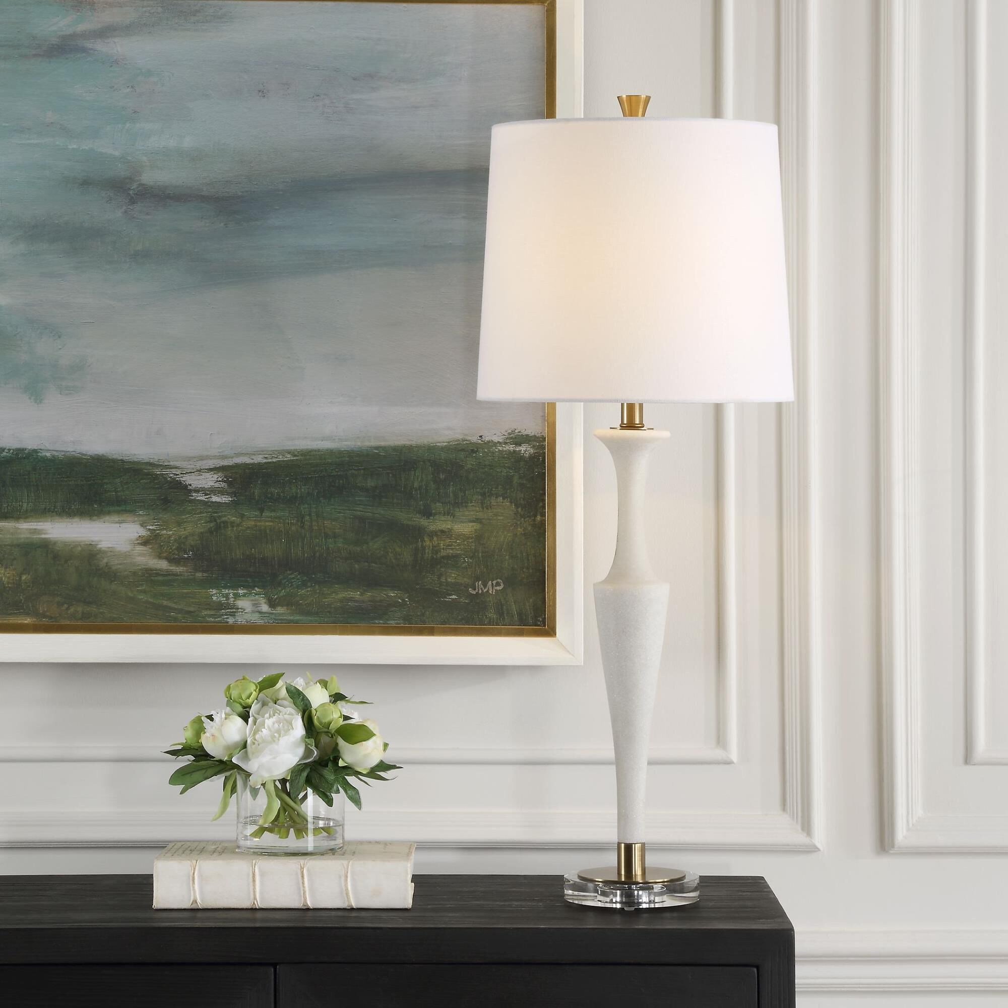 Shown in This Table Lamp Adds An Air Of Elegance And Sophistication To Any Space. The Base Of The Lamp Is Cra finish and Round Hardback shade