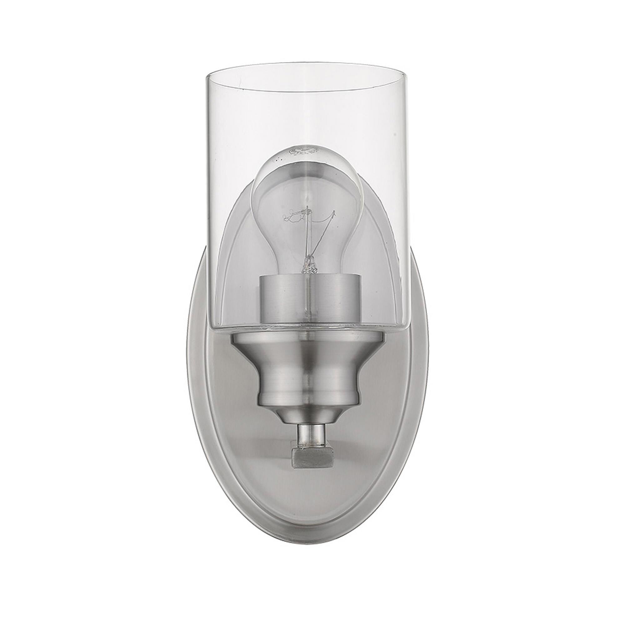 Shown in Satin Nickel finish and Clear glass and Clear, Cylindrical Glass shade