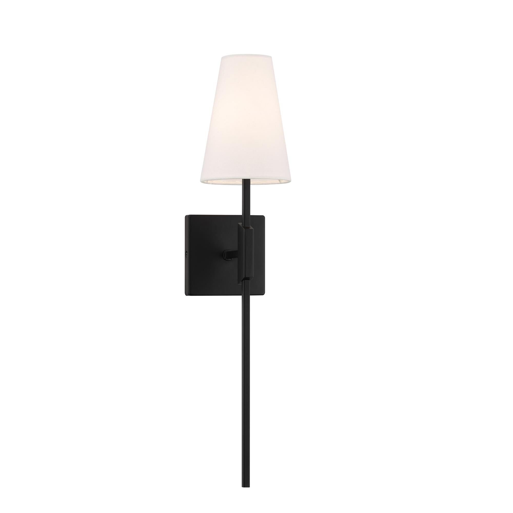 Shown in Matte Black finish and White Linen Fabric shade