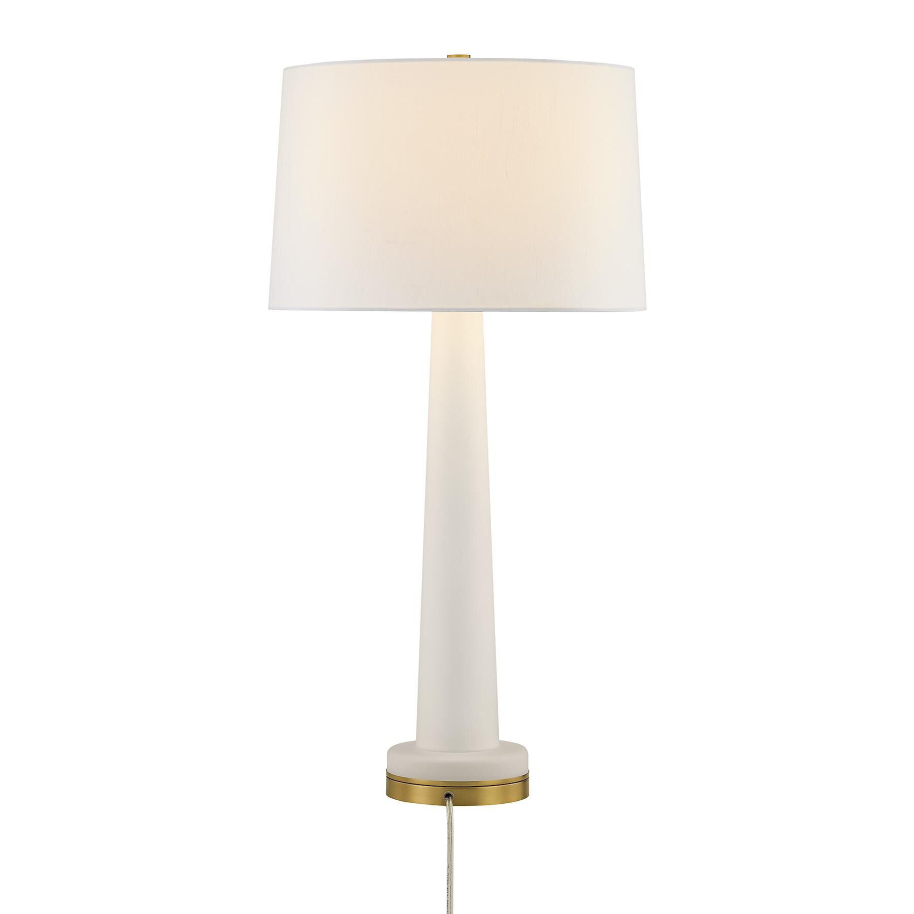 Shown in Warm Brass finish and White Fabric shade