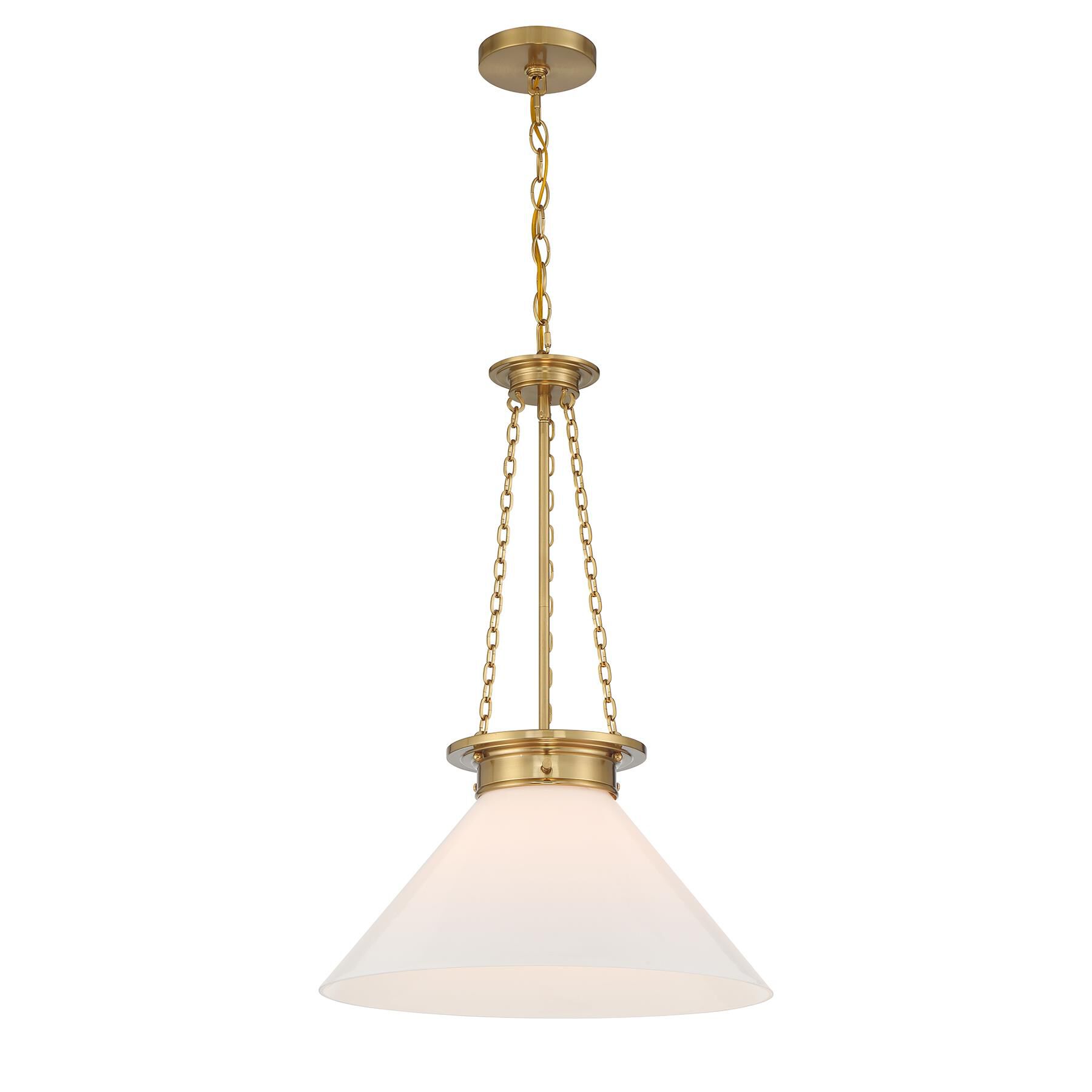 Shown in Warm Brass finish and White Cased glass