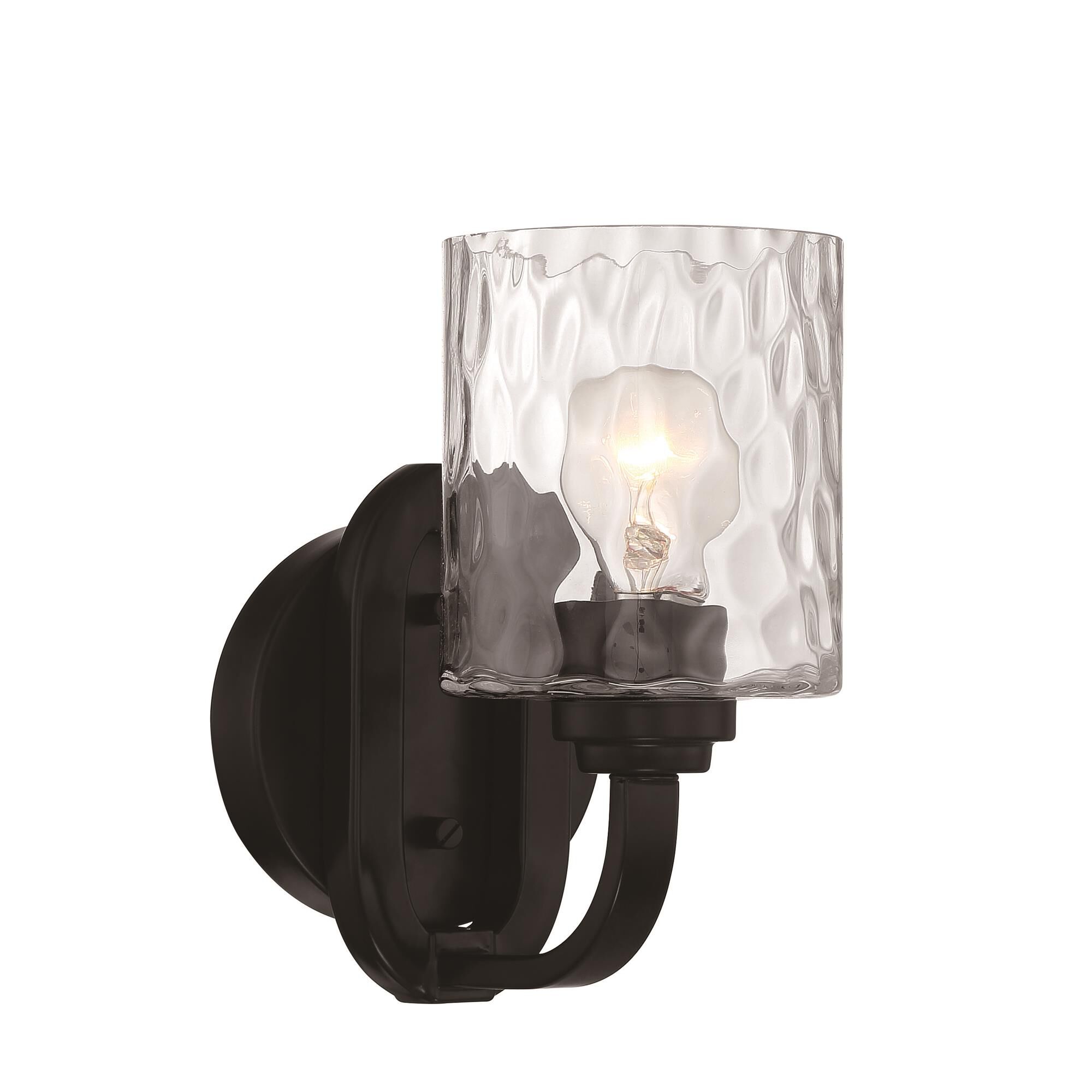 Shown in Flat Black finish and Clear Hammered glass and Glass shade