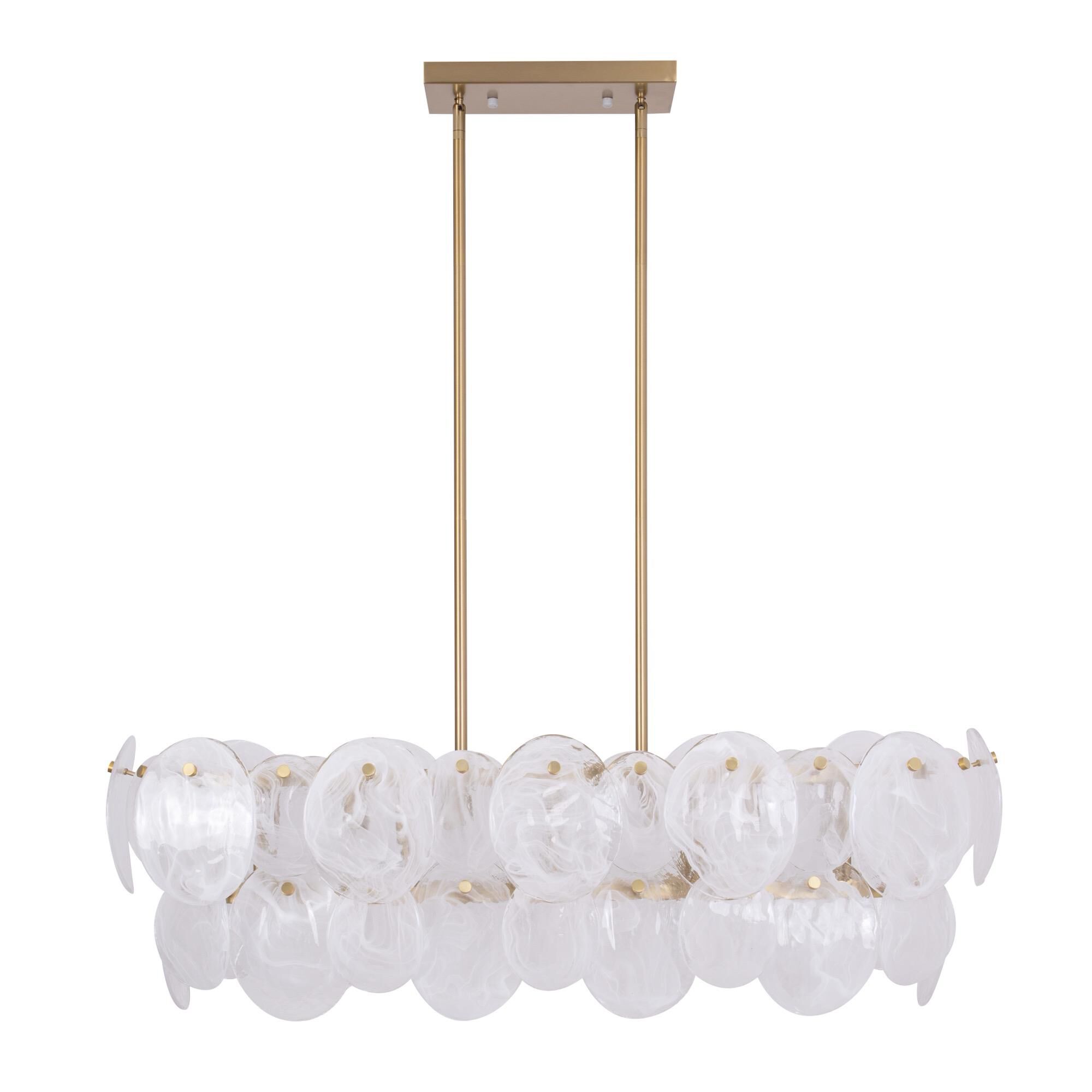Shown in Brushed Brass finish and Wispy White Murano Style glass