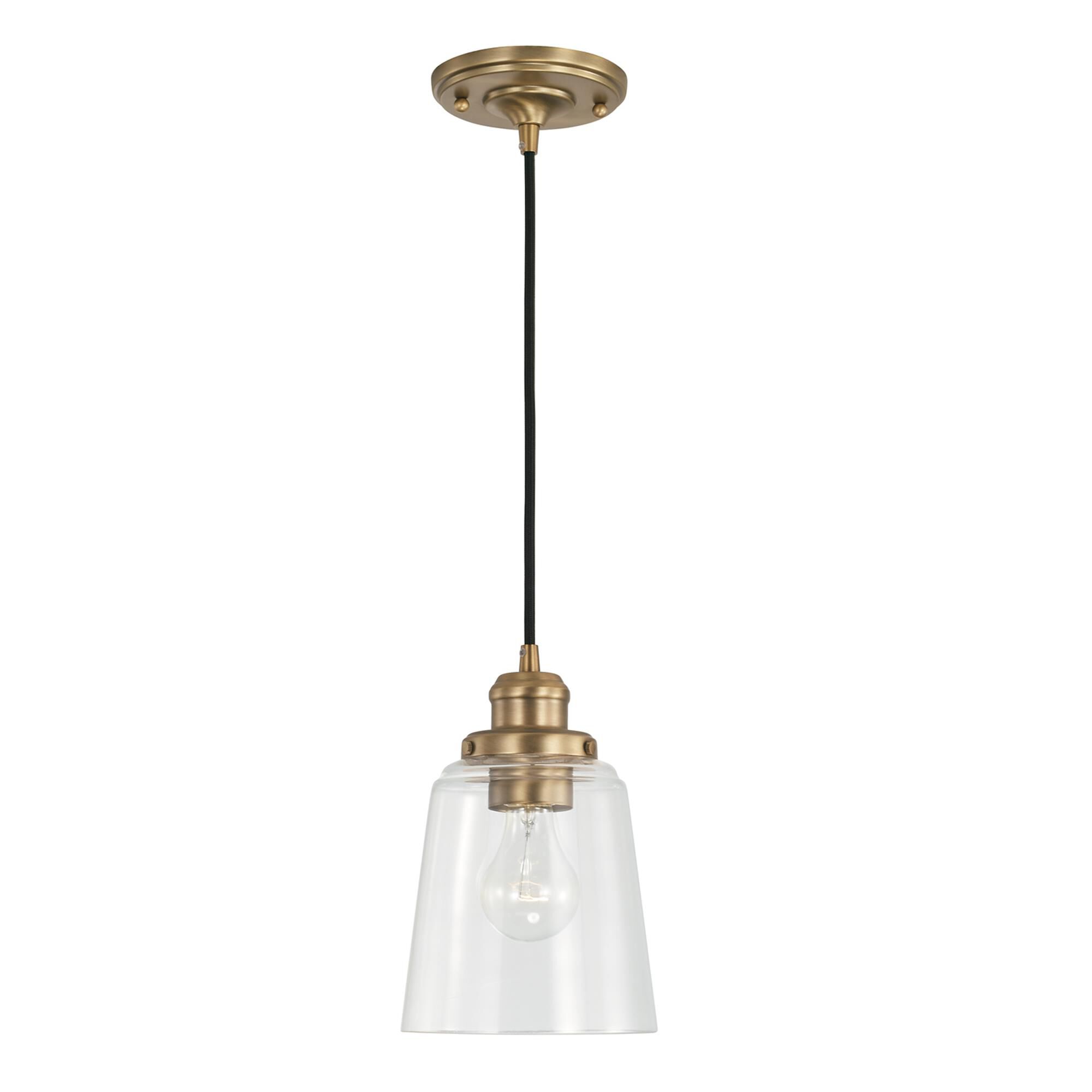 Shown in Aged Brass finish and Clear glass