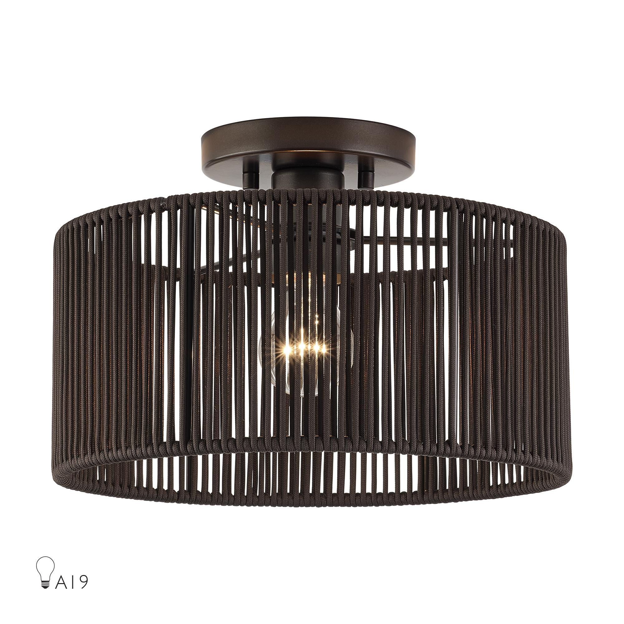 Shown in English Bronze finish and Hand-Woven Dark Chocolate Color Polyester Rope shade