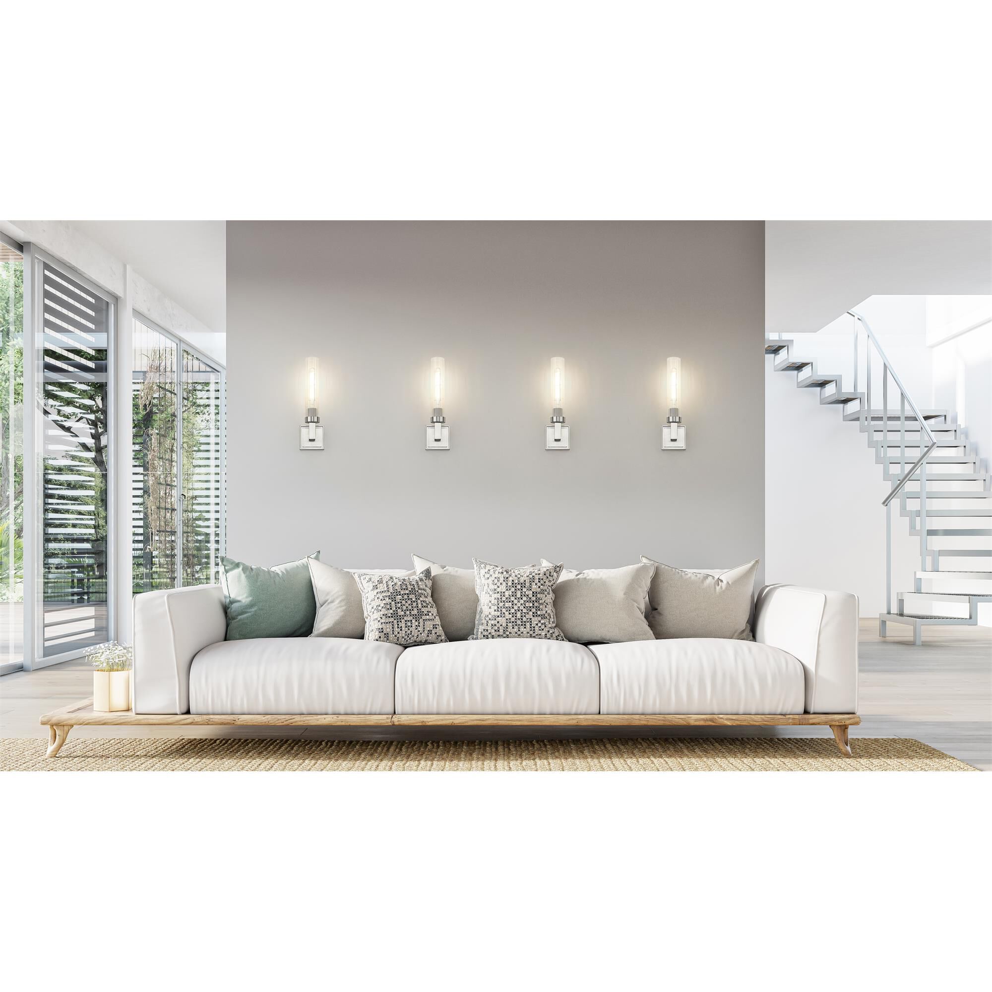 Shown in Brushed Nickel finish and Clear Ribbed glass and Clear Ribbed shade