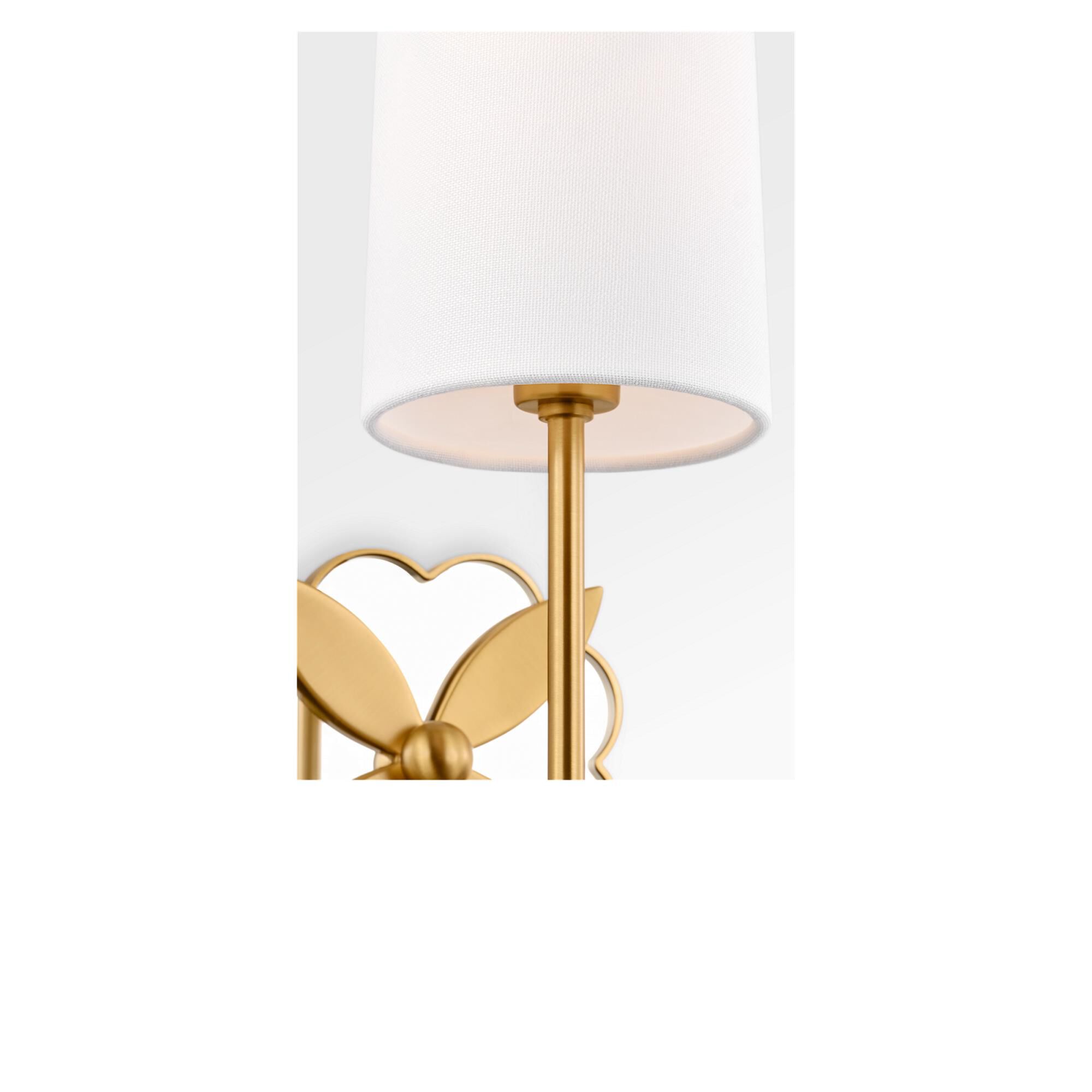 Shown in Burnished Brass finish and White Linen Fabric shade