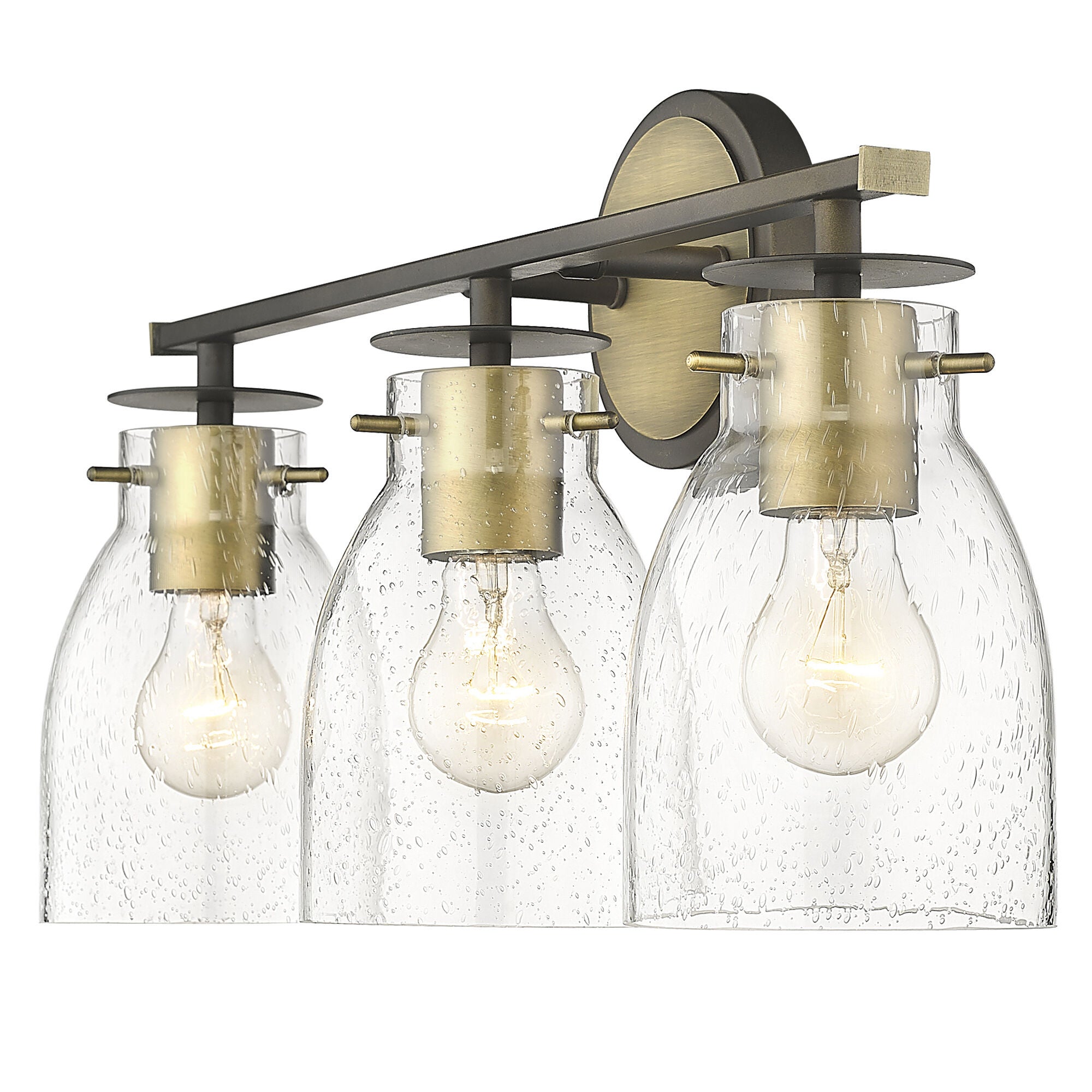 Shown in Oil Rubbed Bronze And Antique Brass finish and Clear Seedy Glass shade