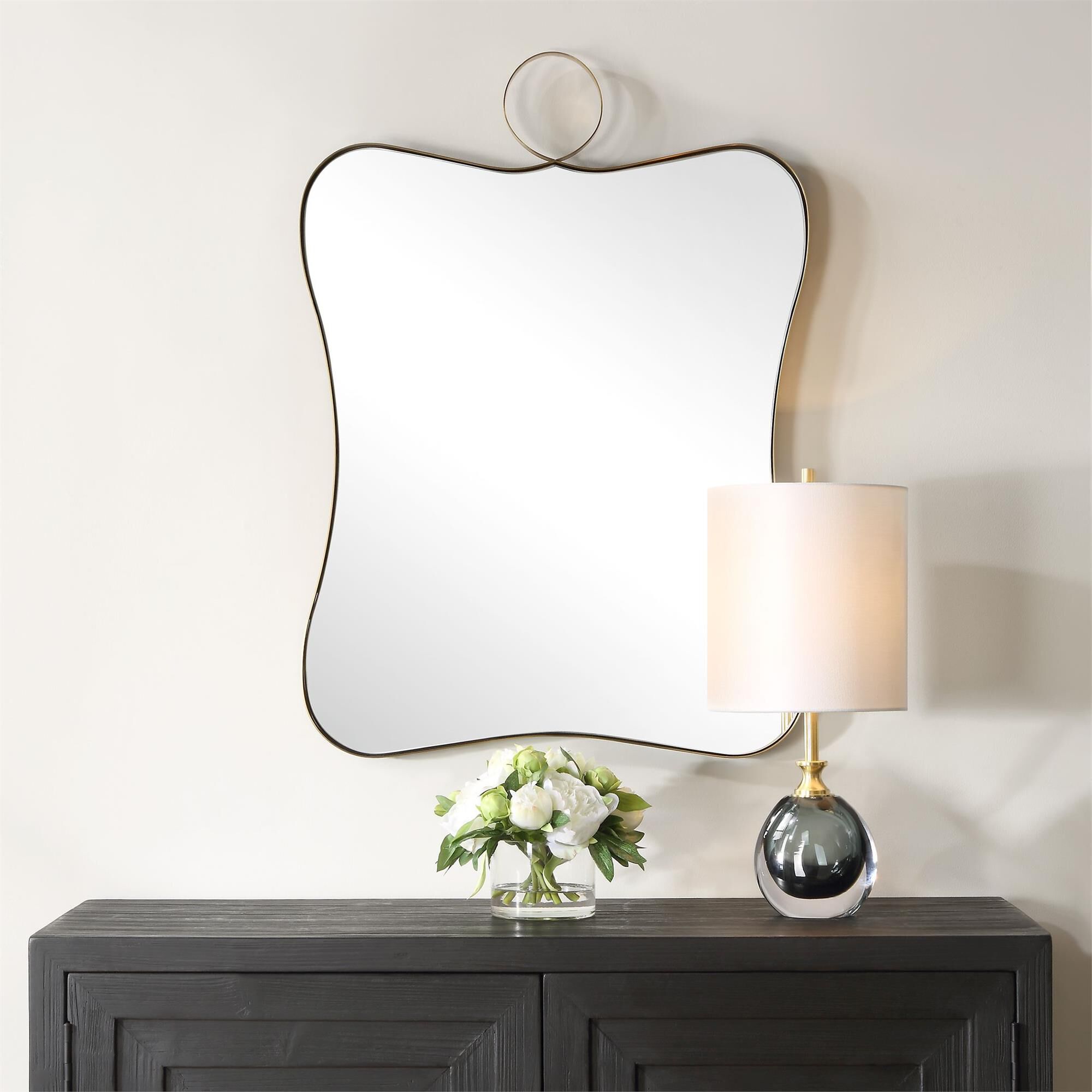 Shown in This Vanity Mirror Features A Sophisticated Stainless Steel Frame In A Plated Antique Brass Finish.  finish