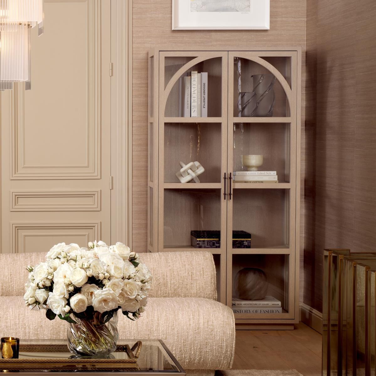 Shown in Washed Oak Veneer, Clear Glass, Bronze finish