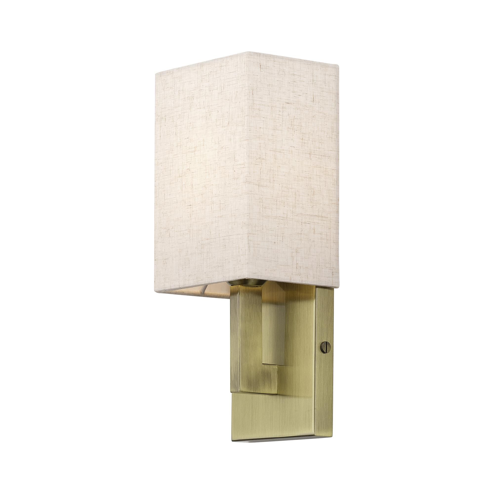 Shown in Antique Brass finish and Hand Crafted Oatmeal Color Fabric with White Color Inside shade