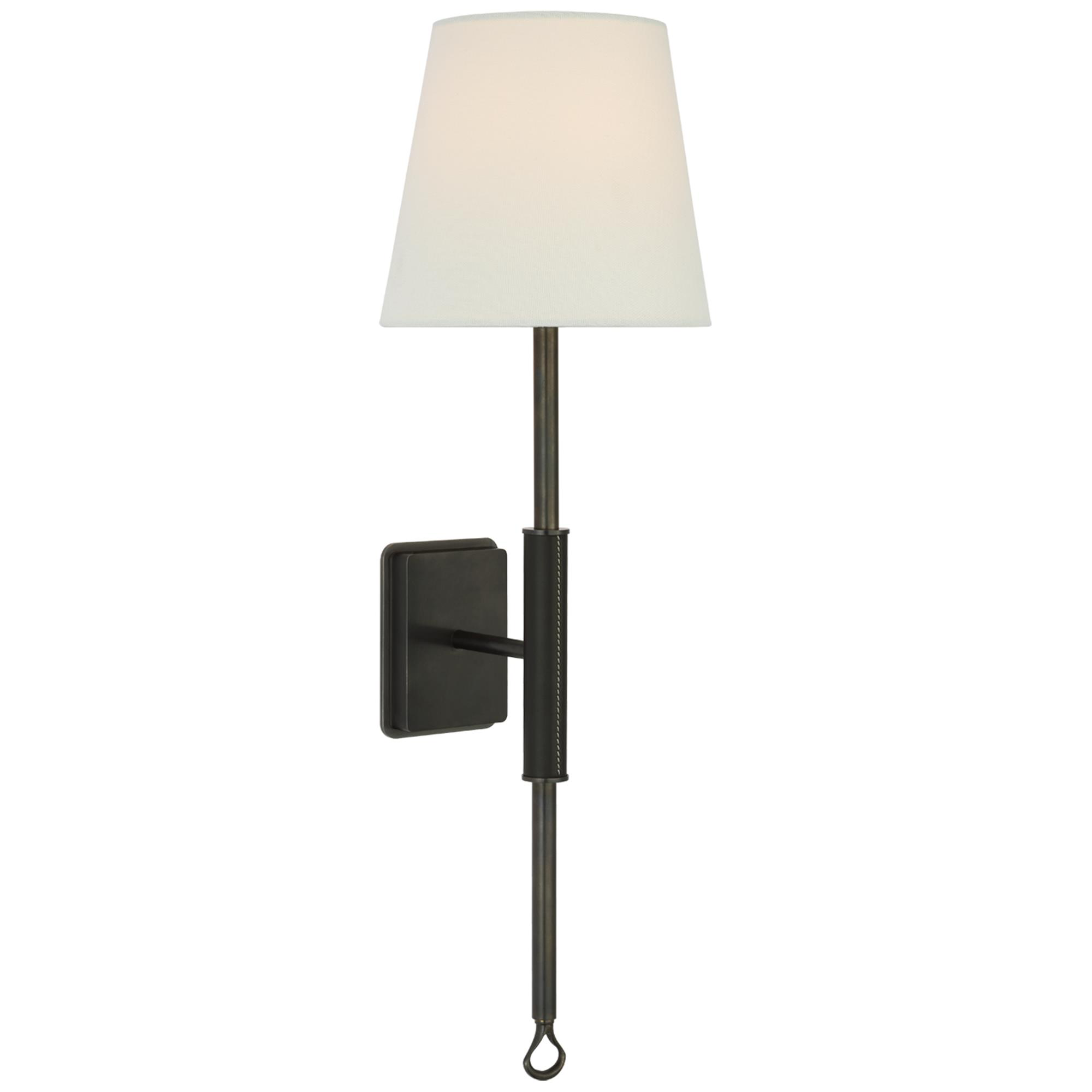 Shown in Bronze and Chocolate Leather finish and Linen shade