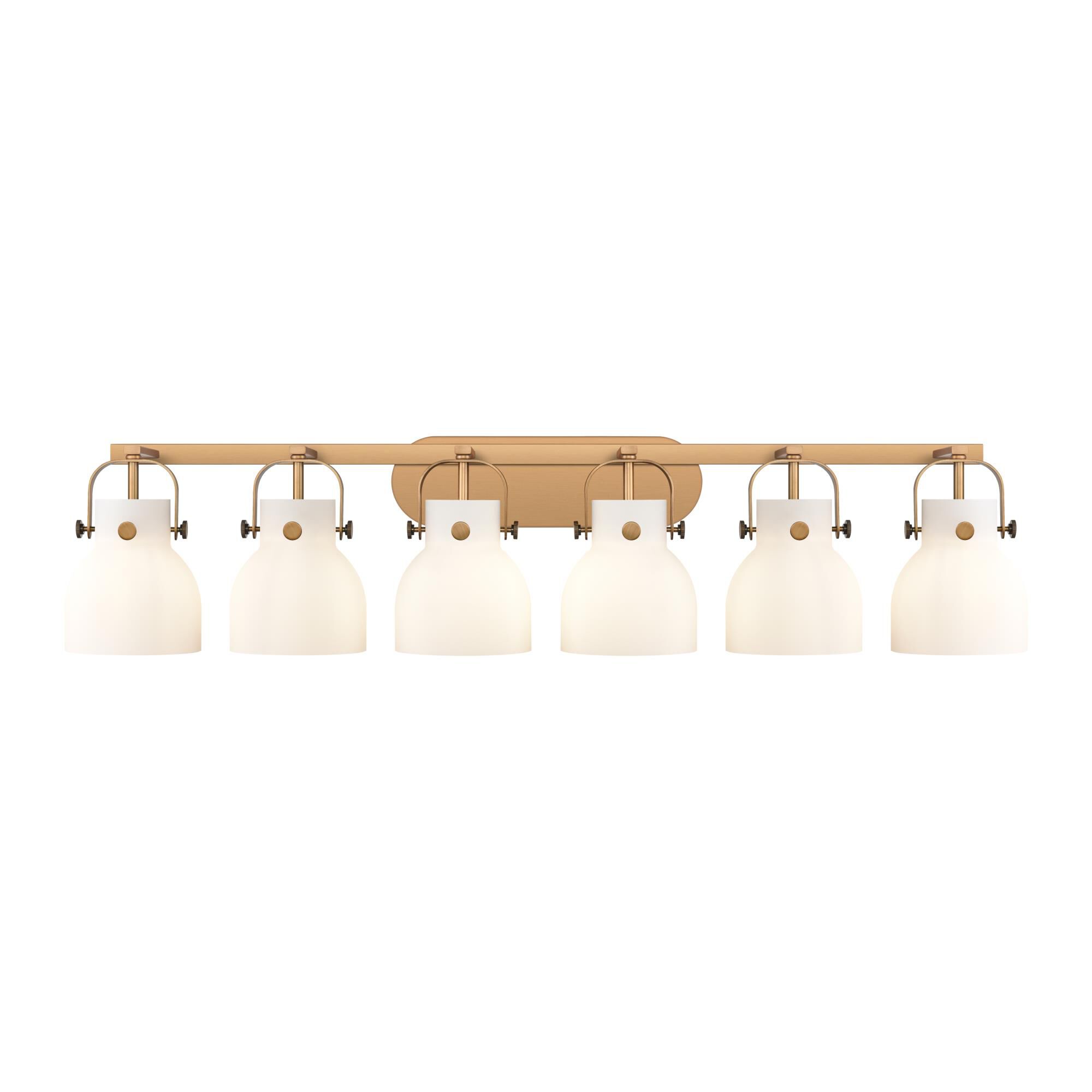 Shown in Brushed Brass finish and Matte White glass and Matte White Glass shade