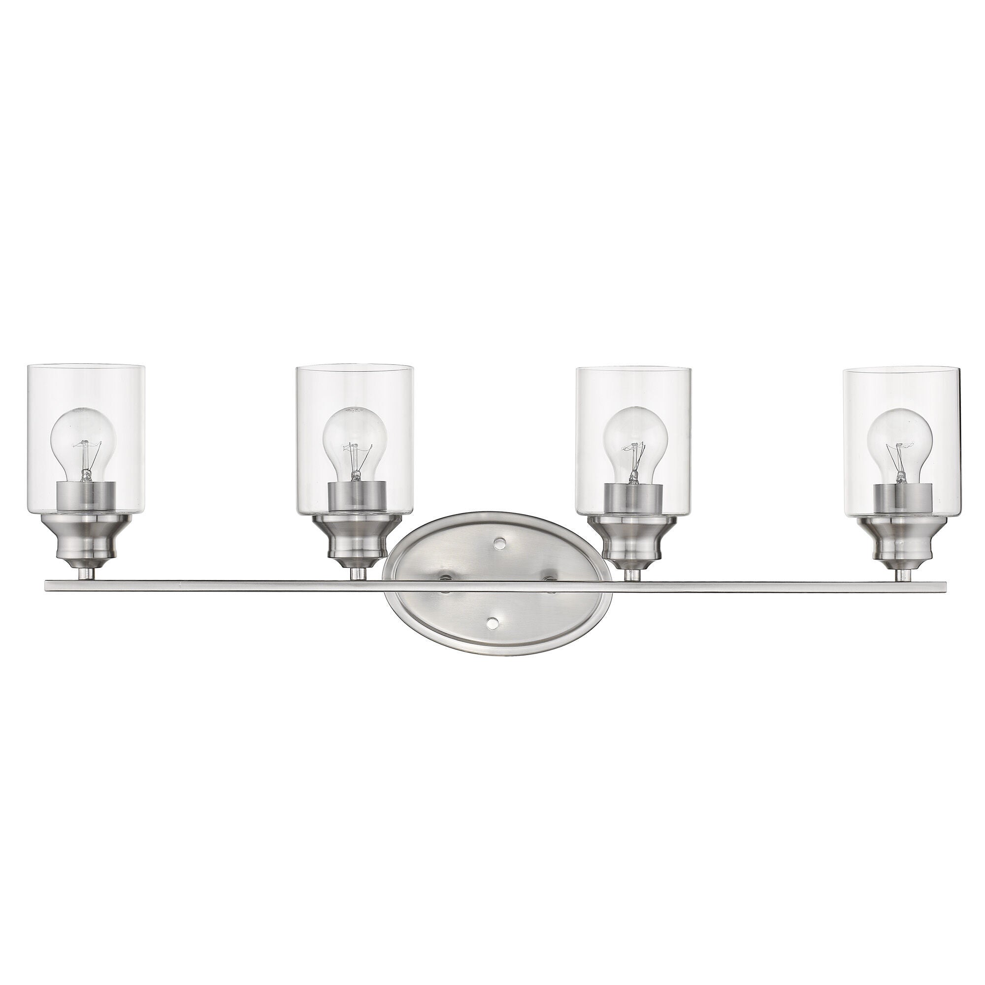 Shown in Satin Nickel finish and Clear glass and Clear, Cylindrical Glass s shade