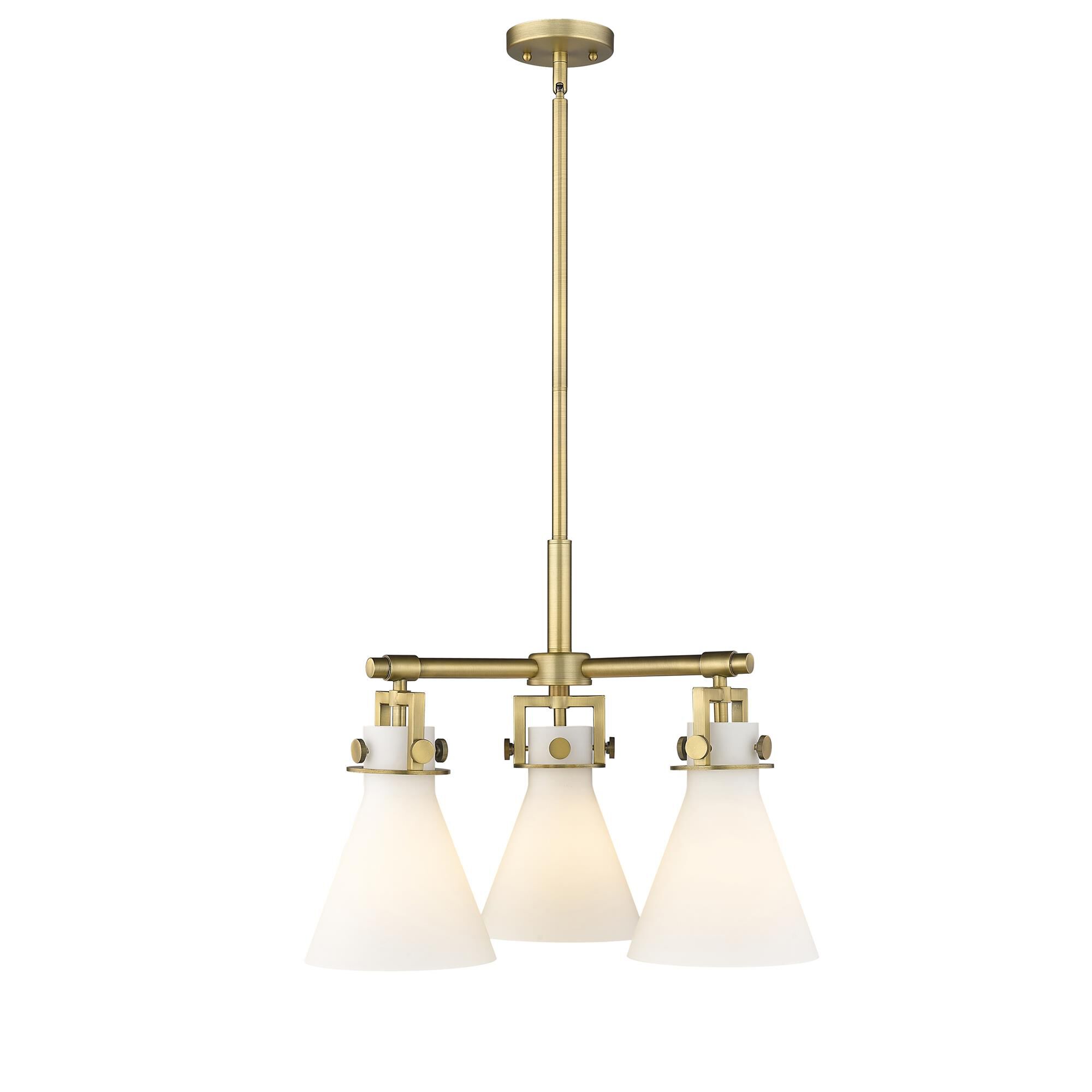 Shown in Brushed Brass finish and Matte White glass