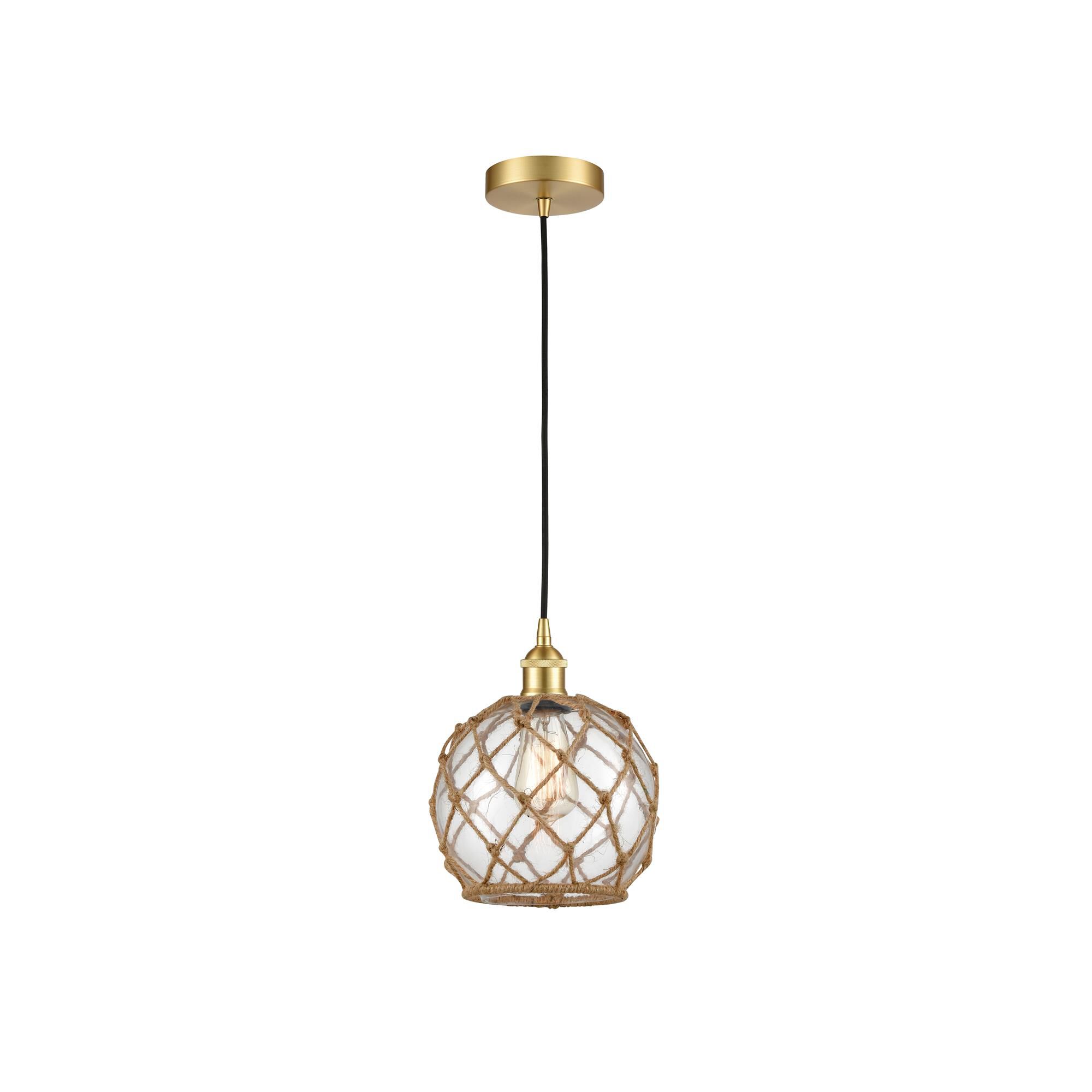 Shown in Satin Gold finish and Clear Farmhouse With Brown Rope glass