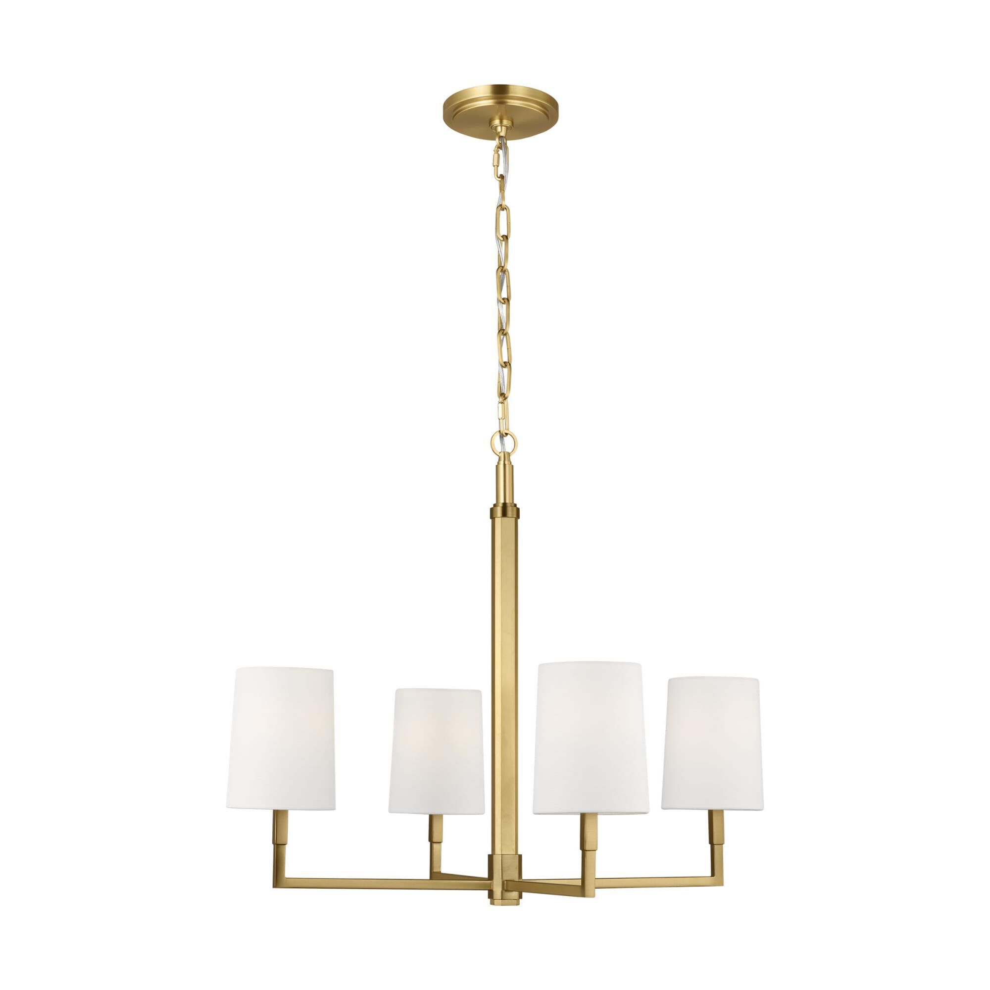 Shown in Burnished Brass finish and White Linen shade