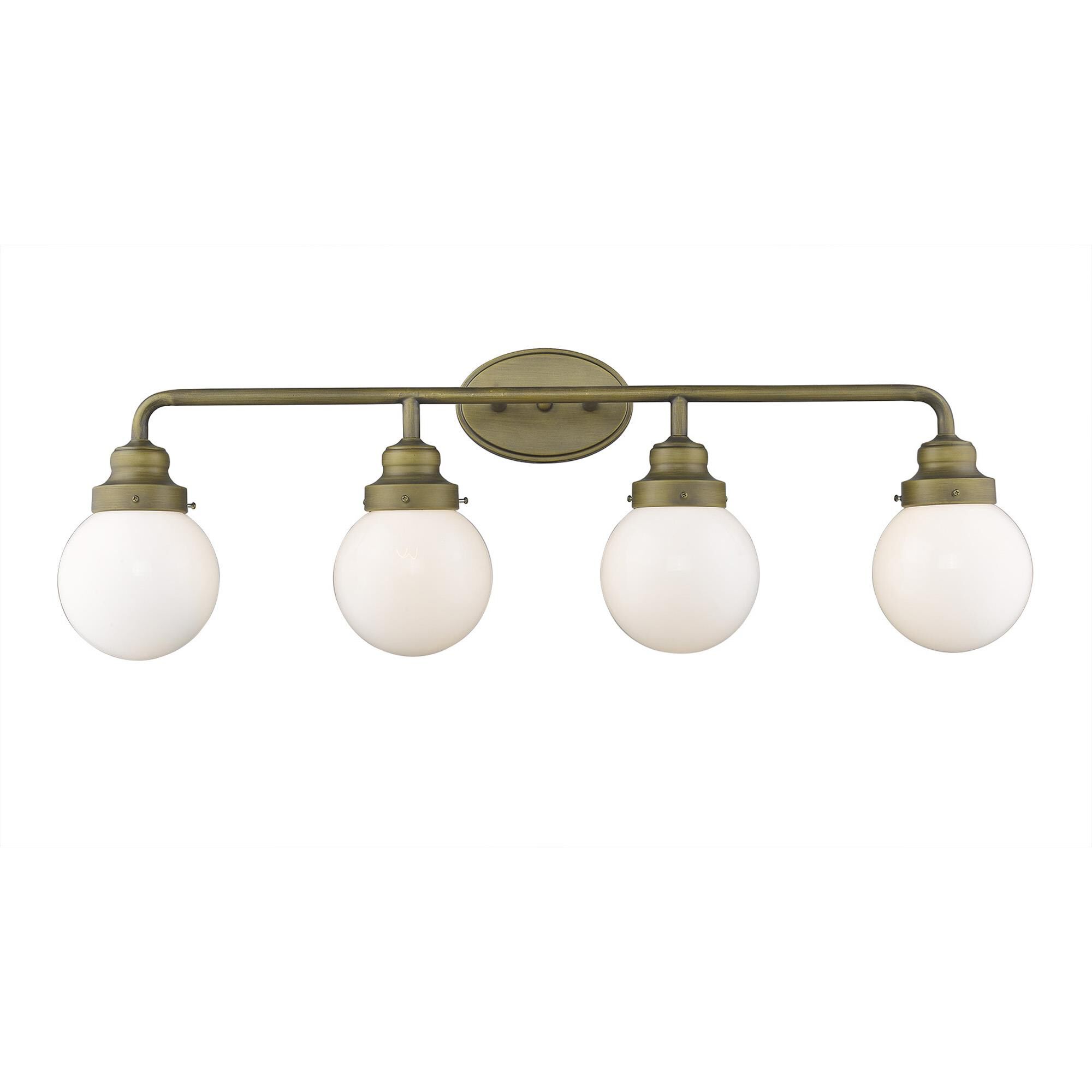 Shown in Raw Brass finish and Opal glass and Opal, Glass Globes shade