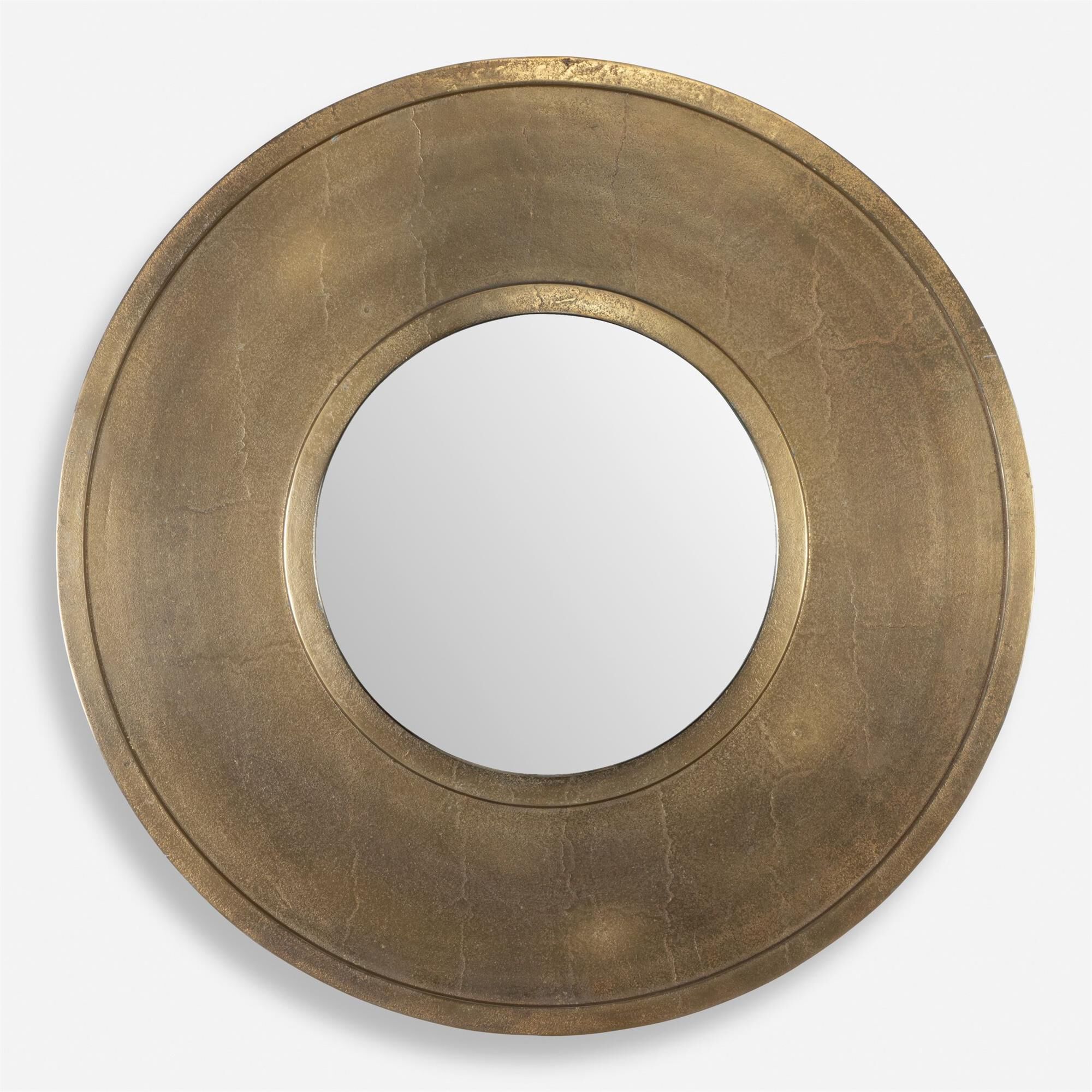 Shown in This Round Cast Aluminum Mirror Showcases A Handcrafted Allure With Subtle Texture And Intentional I finish
