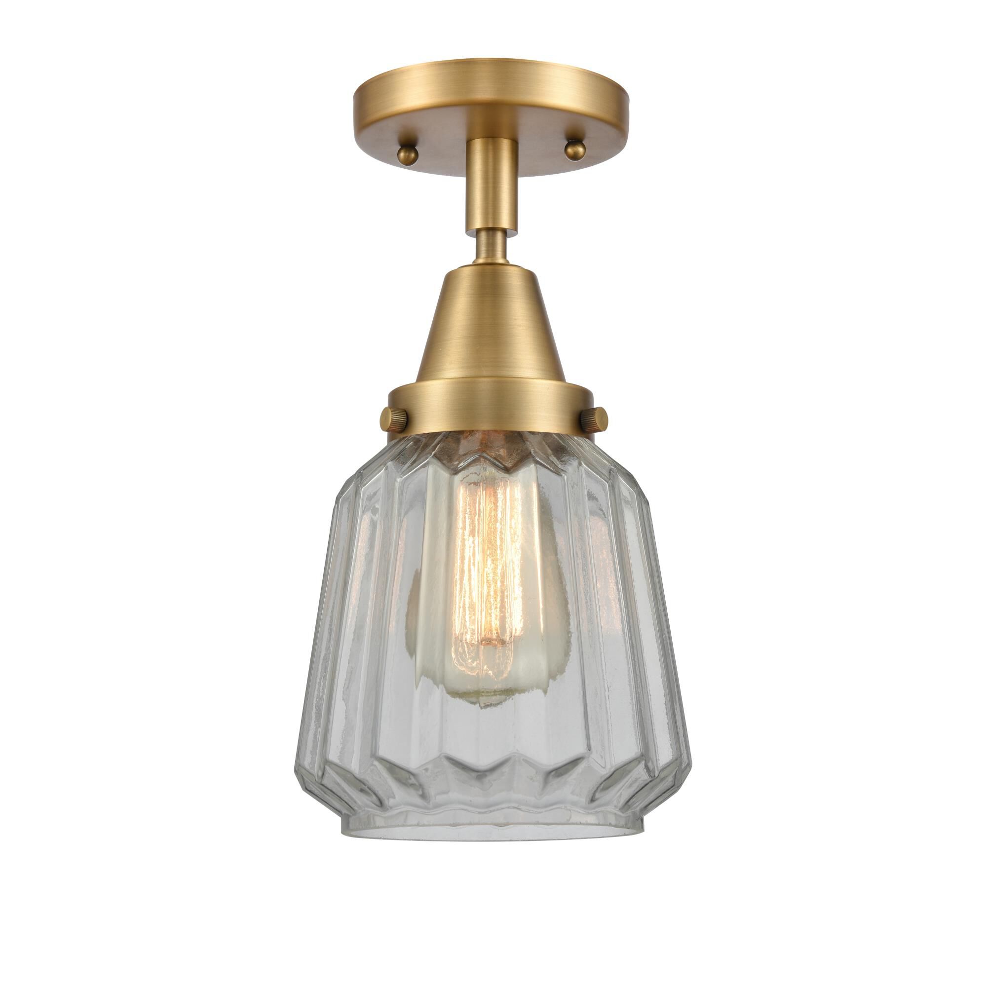 Shown in Brushed Brass finish and Clear Chatham glass