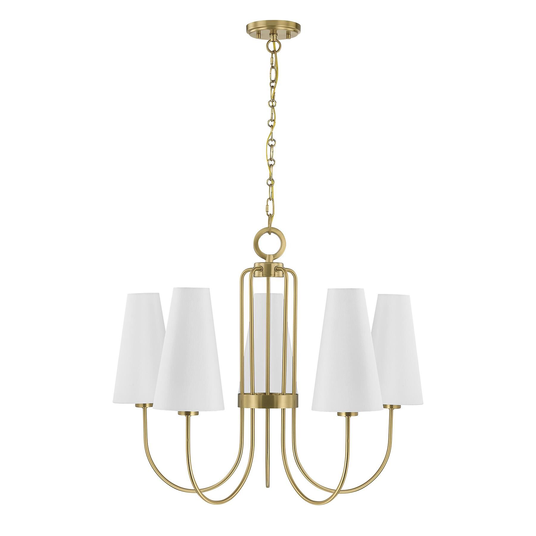 Shown in Warm Brass finish and White Fabric shade