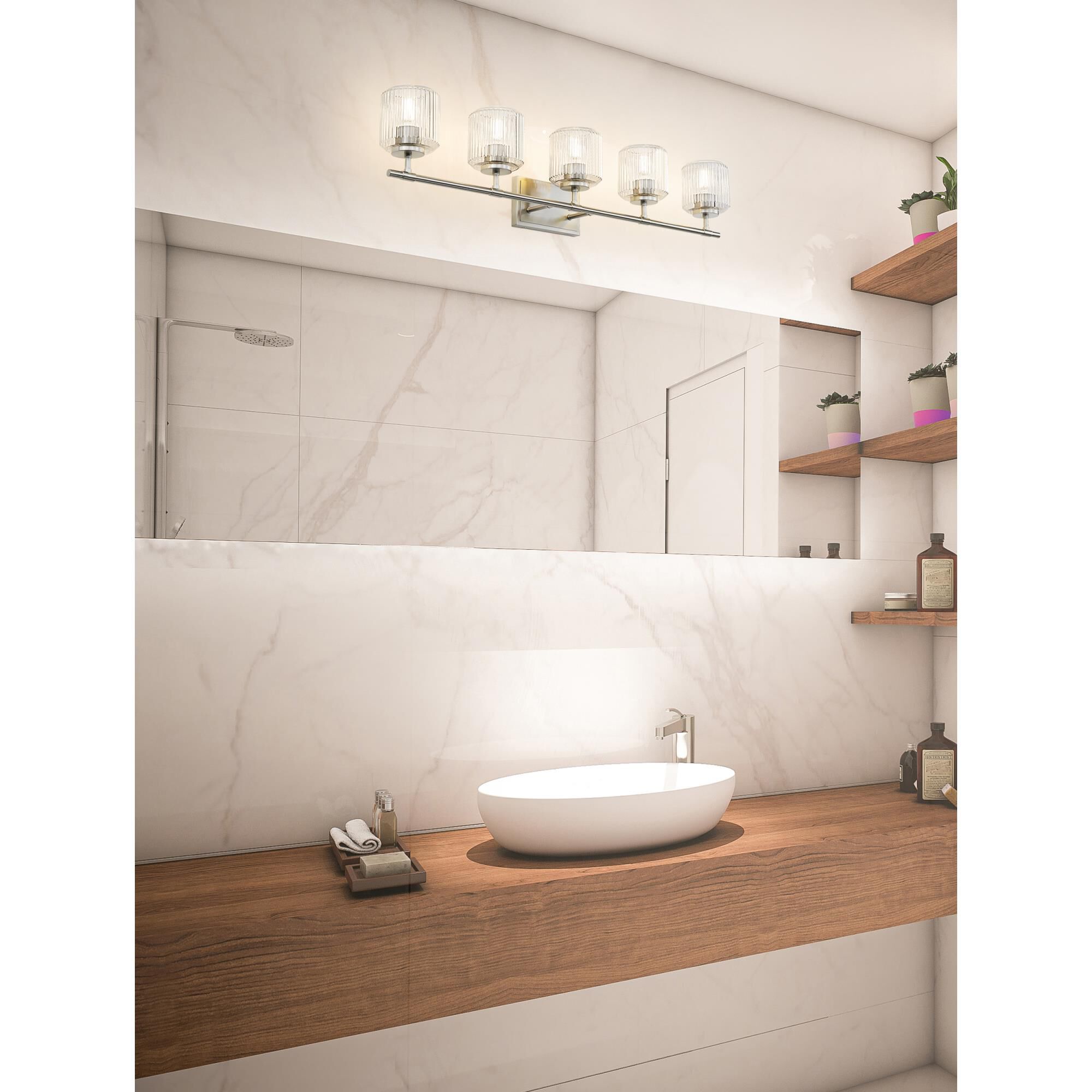 Shown in Brushed Nickel finish and Clear Ribbed glass and Clear Ribbed shade