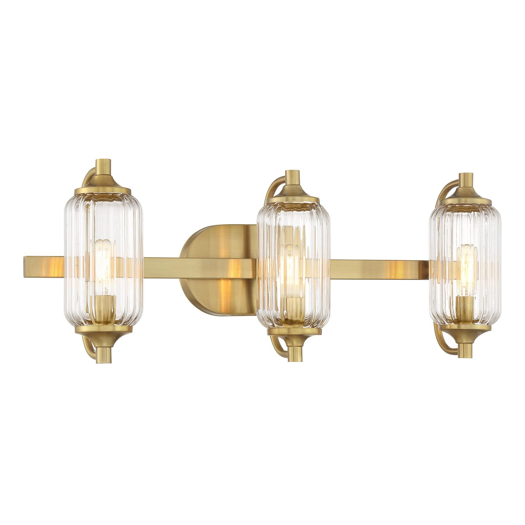 Shown in Warm Brass finish and Clear Ribbed glass
