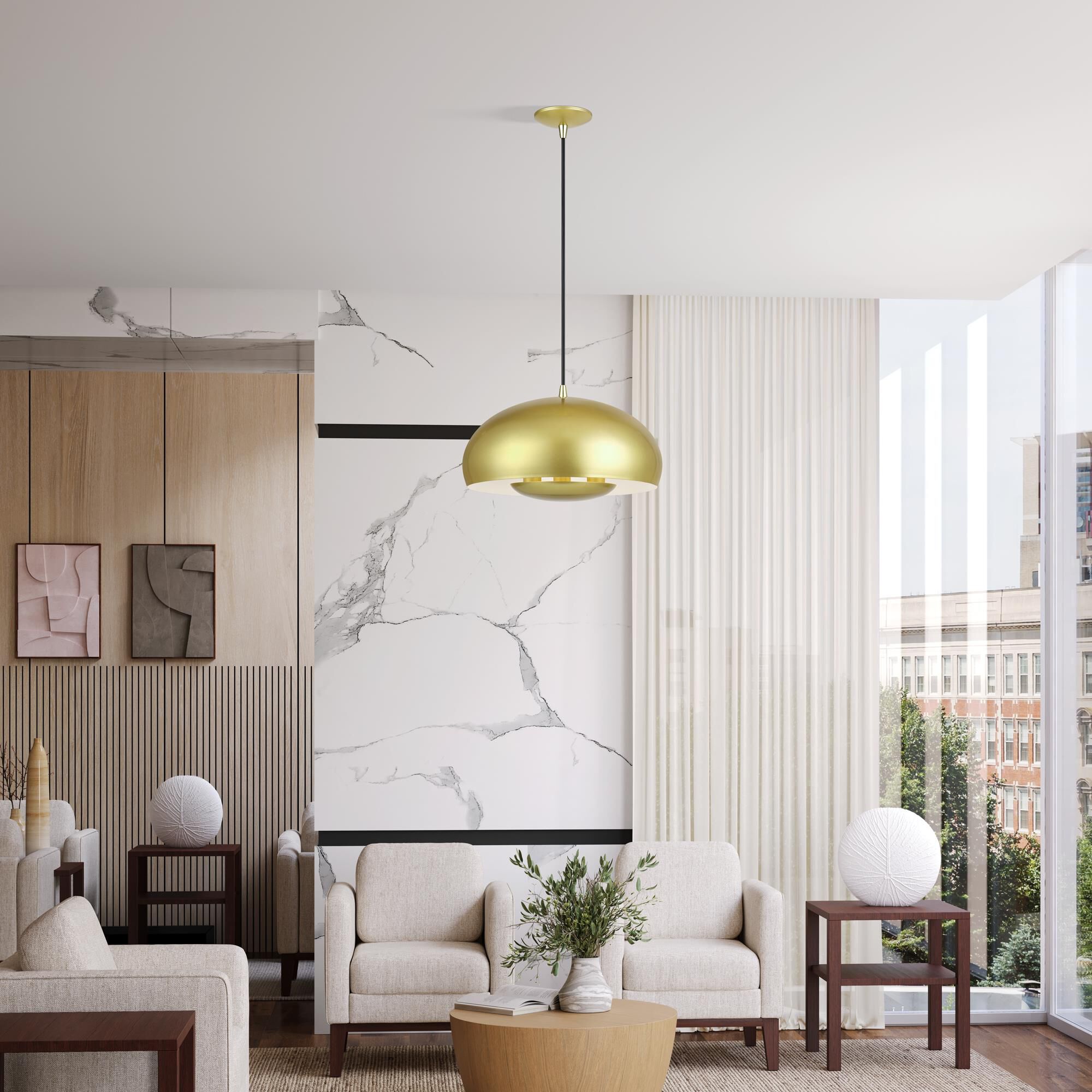 Shown in Soft Gold with Polished Brass Accents finish and Soft Gold Steel with Shiny White Inside shade