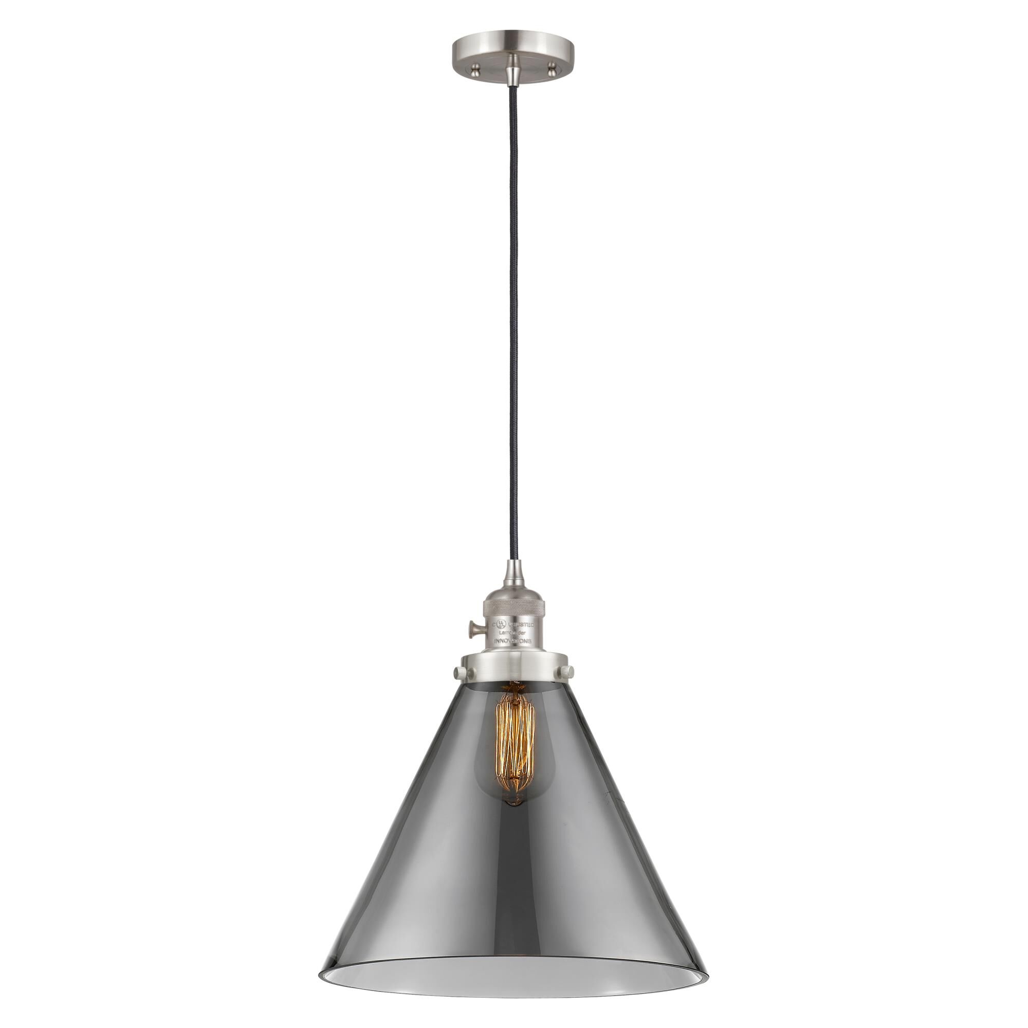 Shown in Brushed Satin Nickel finish and Plated Smoke glass