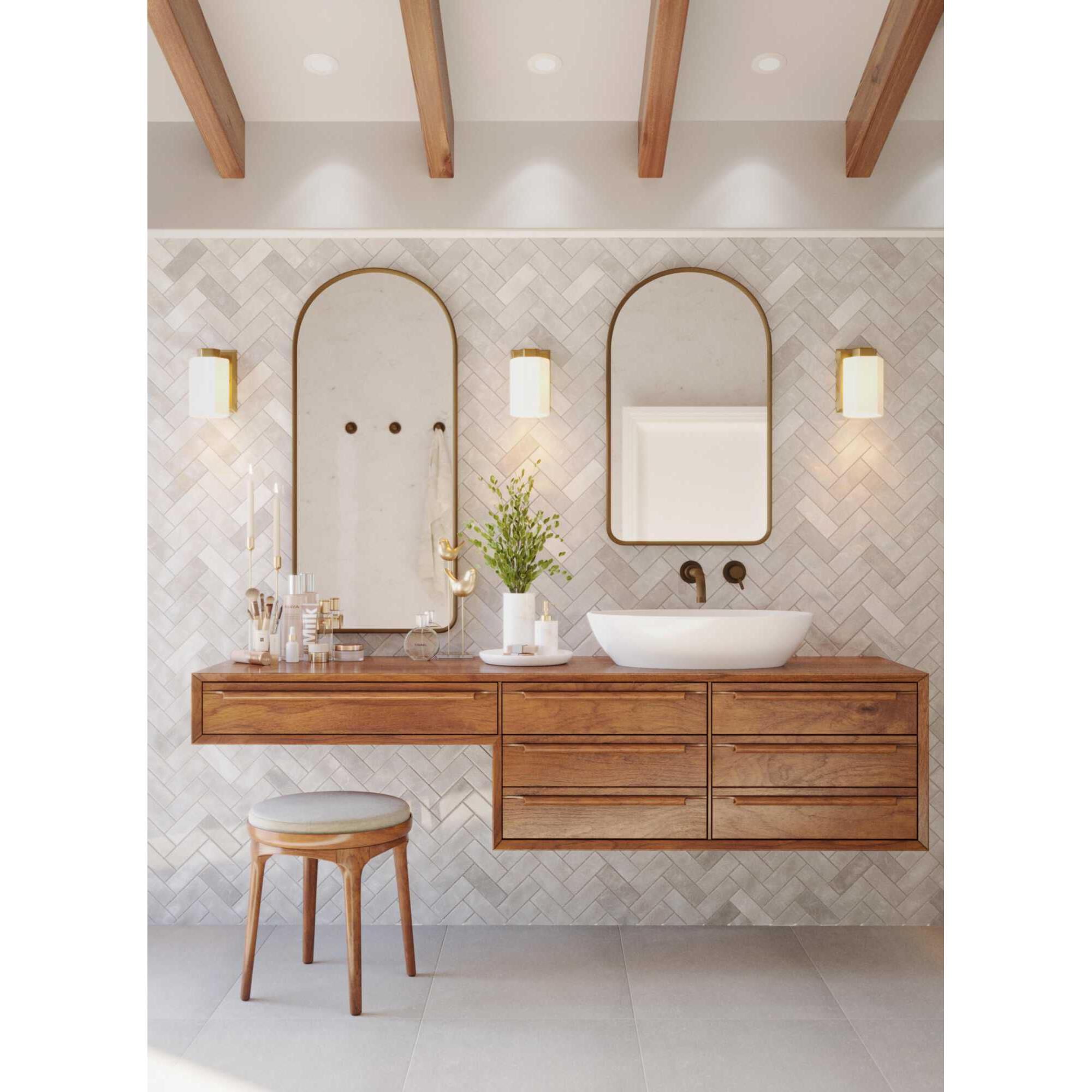 Shown in Brushed Gold finish and Etched Opal glass